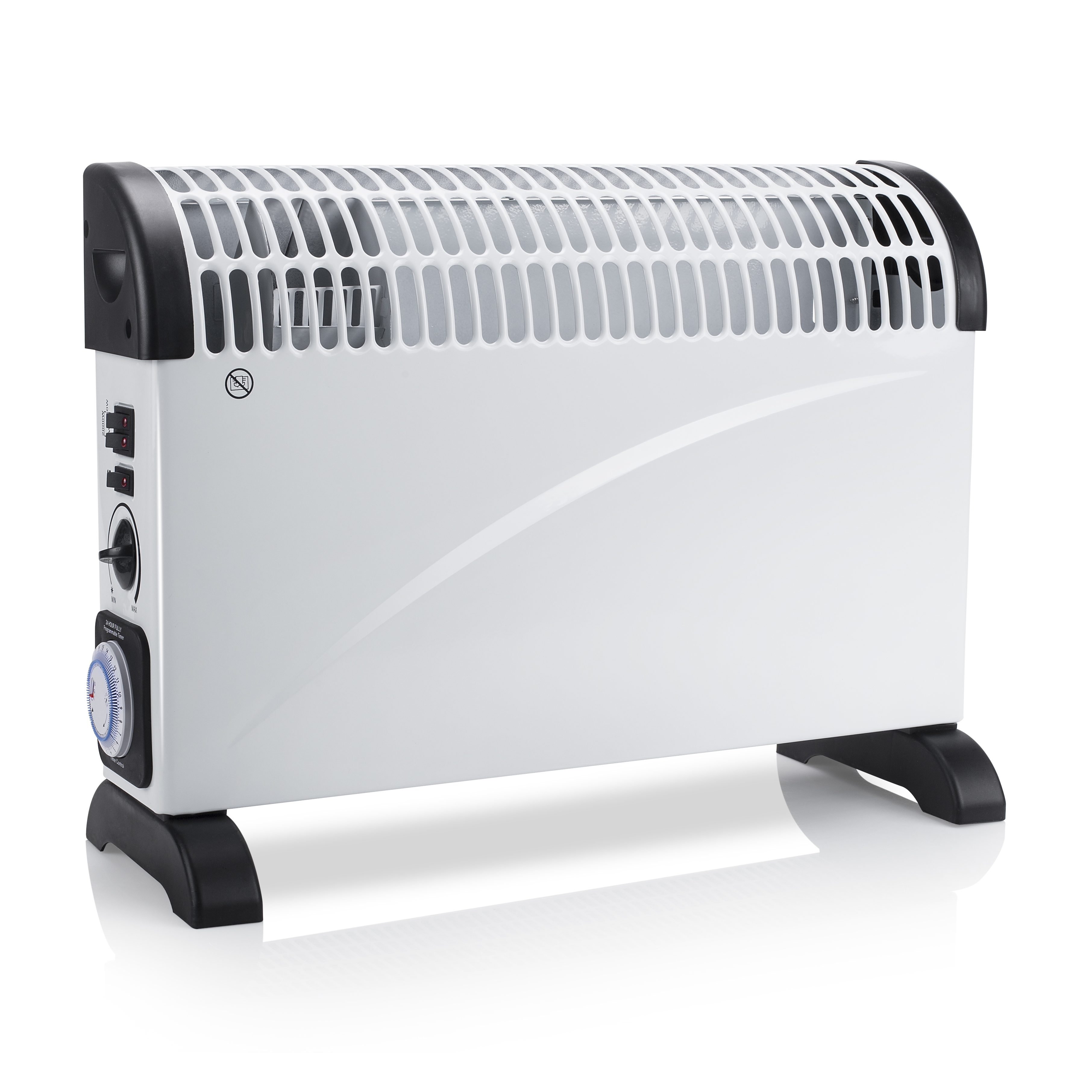 Termosifone elettrico bianco con dettagli neri. Pannello di controllo laterale.
