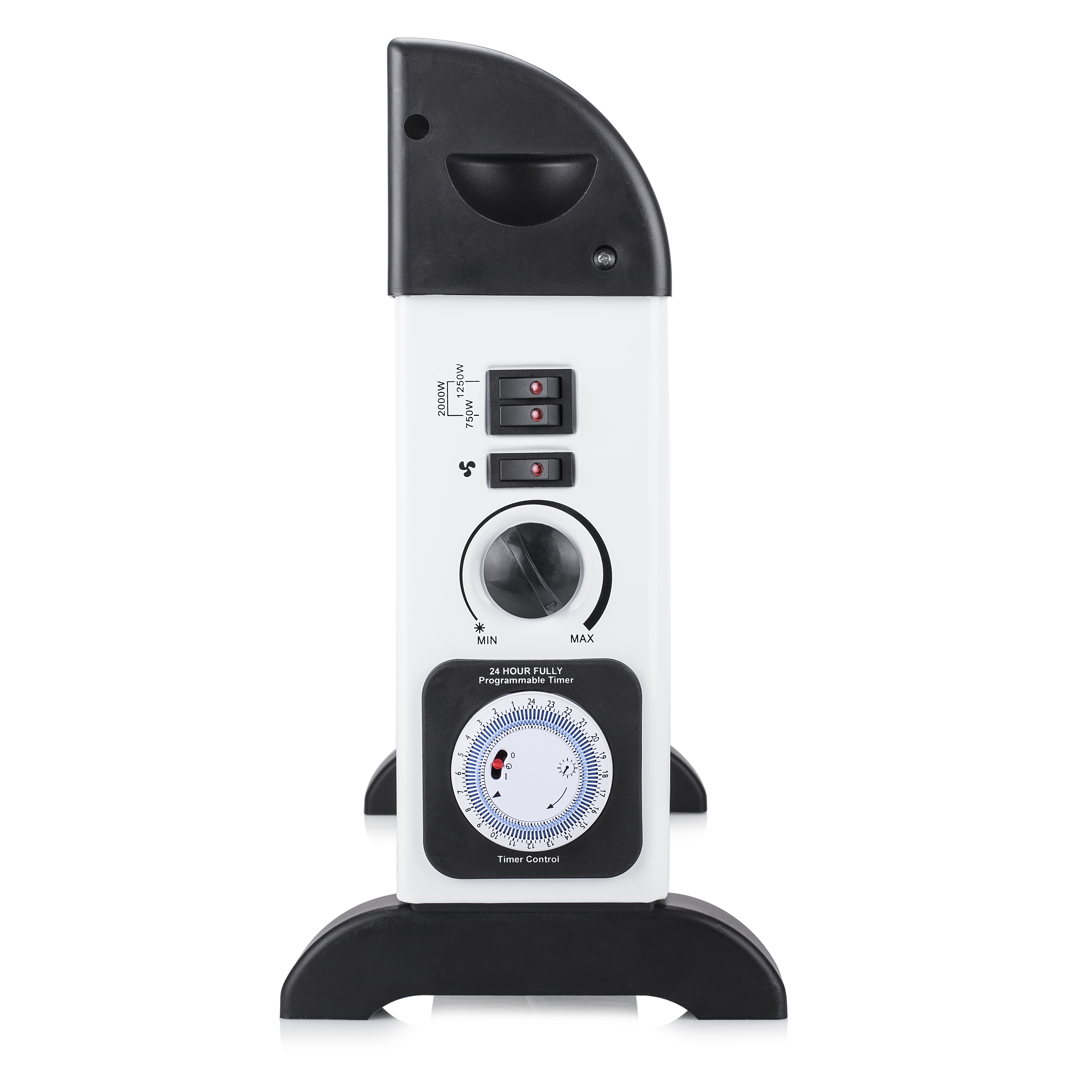 Un termoventilatore elettrico bianco e nero con timer programmabile 24 ore e manopole di controllo.