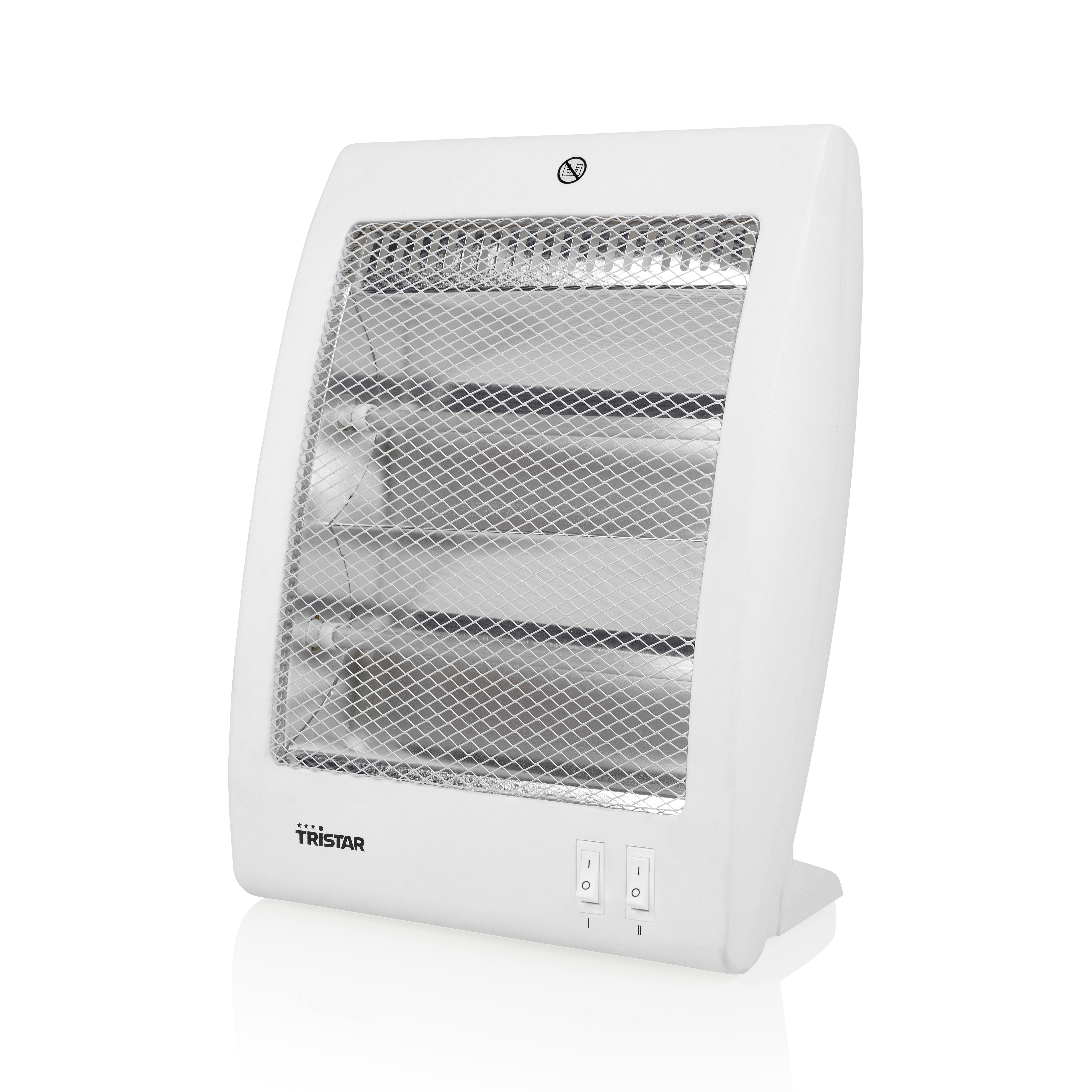 Un termoventilatore bianco con griglia metallica e due interruttori on/off. Su sfondo bianco.