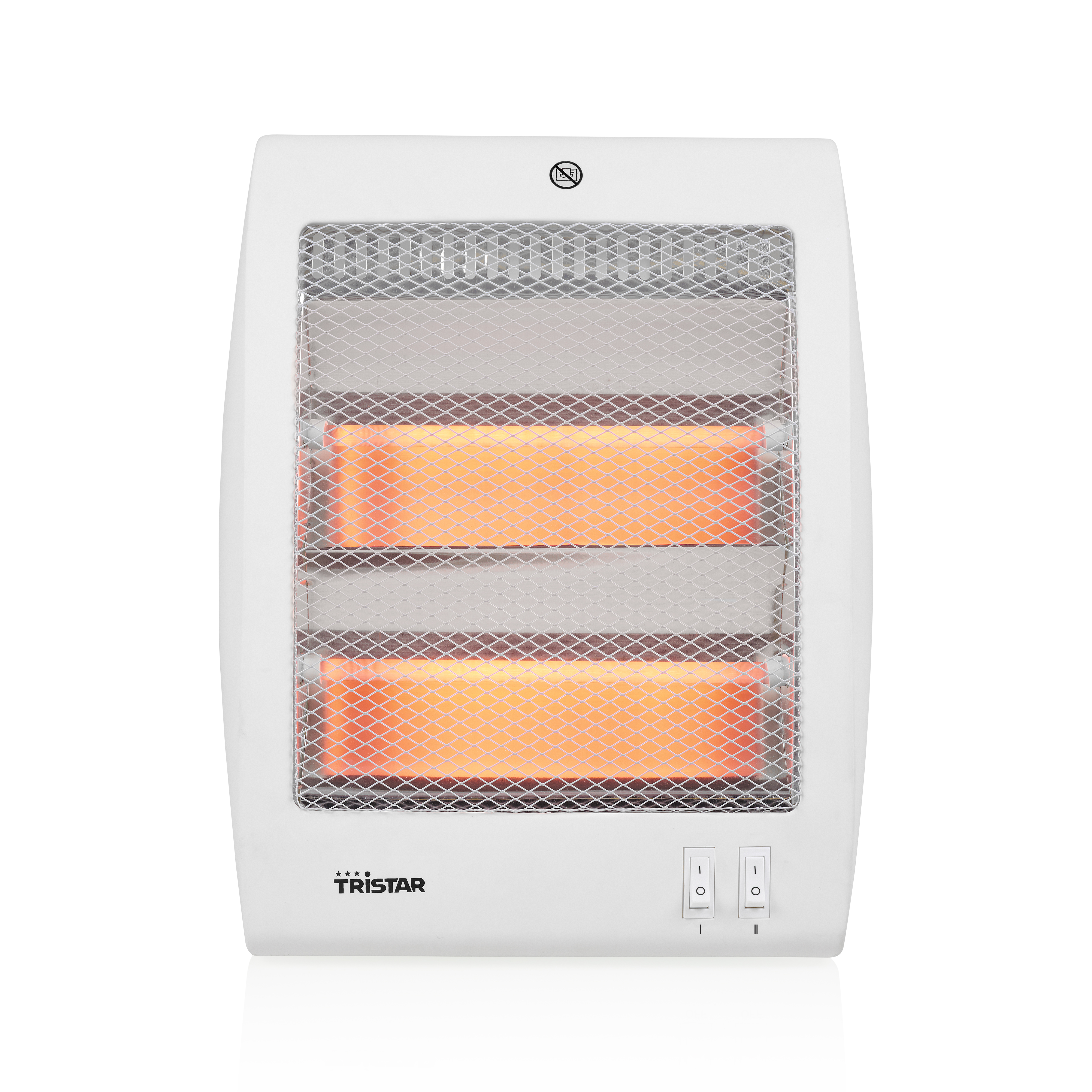 Termoventilatore elettrico bianco con due interruttori e elementi riscaldanti arancioni incandescenti all'interno.