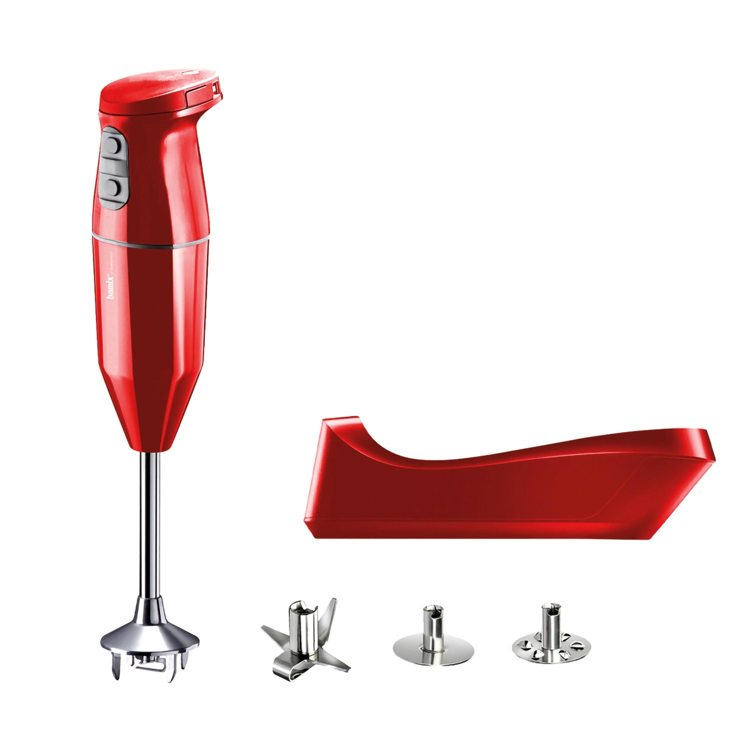 Frullatore a immersione rosso con accessori su sfondo bianco.