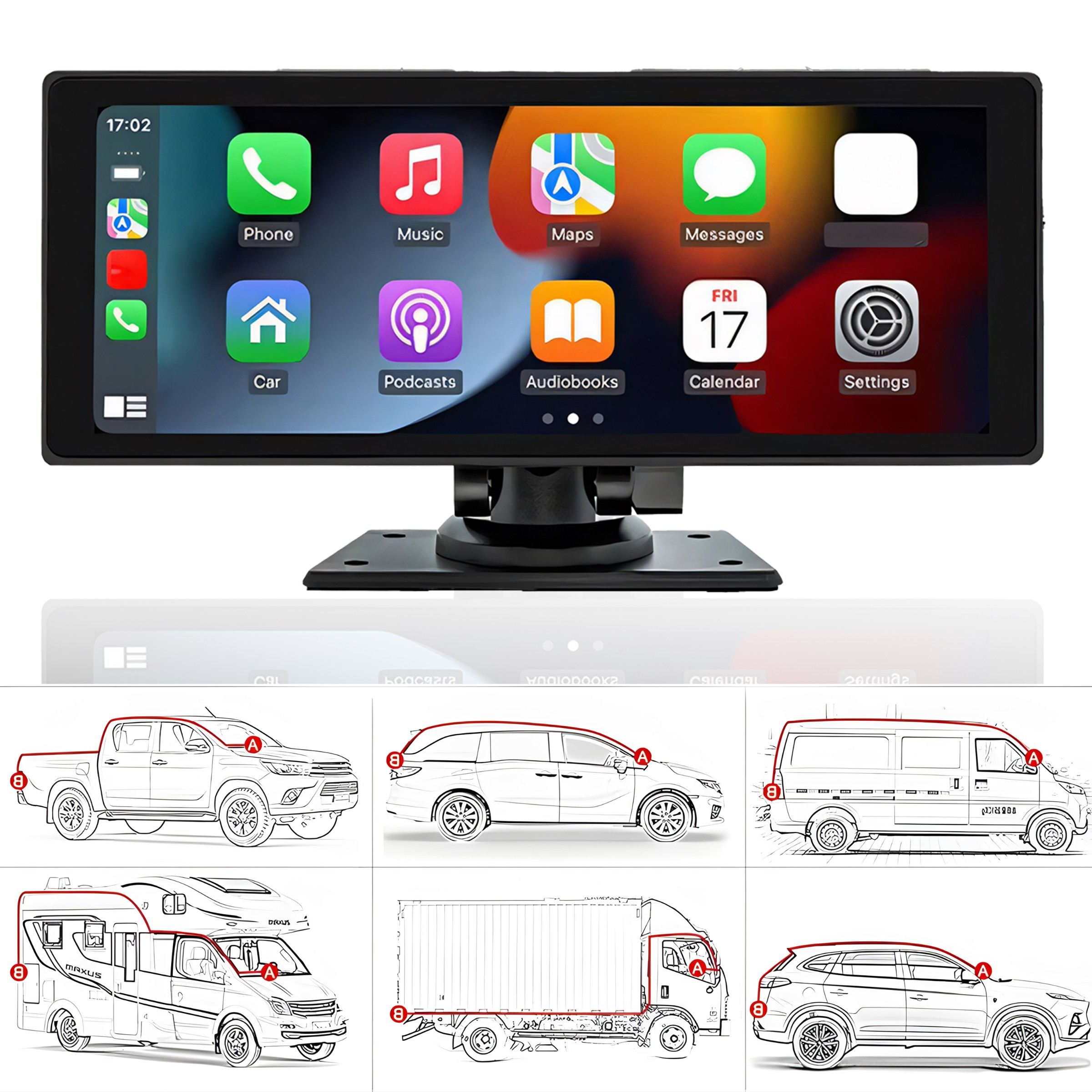 Ein Bildschirm eines Auto-Multimedia-Systems, der verschiedene Apps anzeigt. Unten sind verschiedene Auto-Umrisse abgebildet.