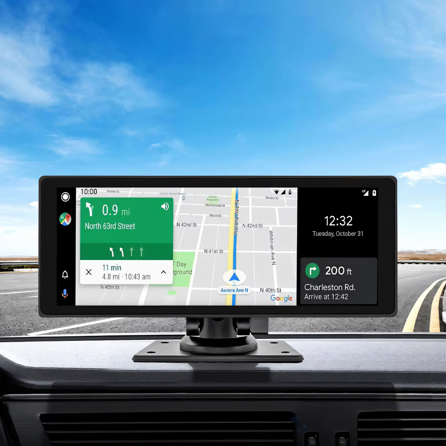 Armaturenbrett mit GPS-Gerät, das Karte und Navigationsinformationen anzeigt.