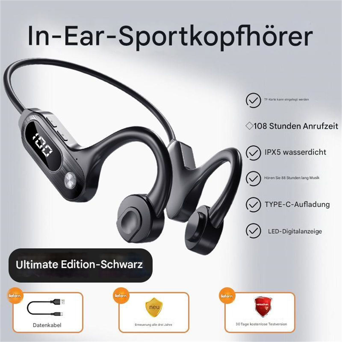 Schwarze kabellose Sportkopfhörer mit digitalem Display. Text: In-Ear-Sportkopfhörer.