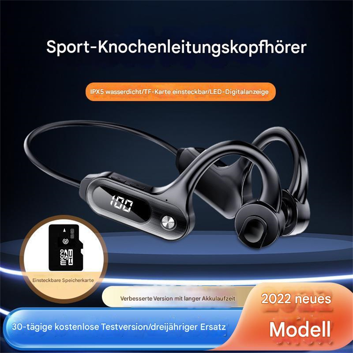 Schwarze Sport-Knochenschallkopfhörer. Das Produkt wird mit Text im Bild beworben.