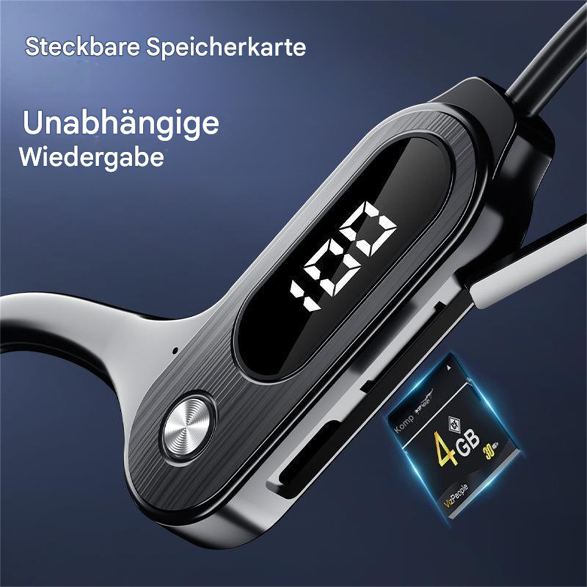 Schwarzes und silbernes kabelloses Headset mit Digitalanzeige 100 und 4GB SD-Karte.