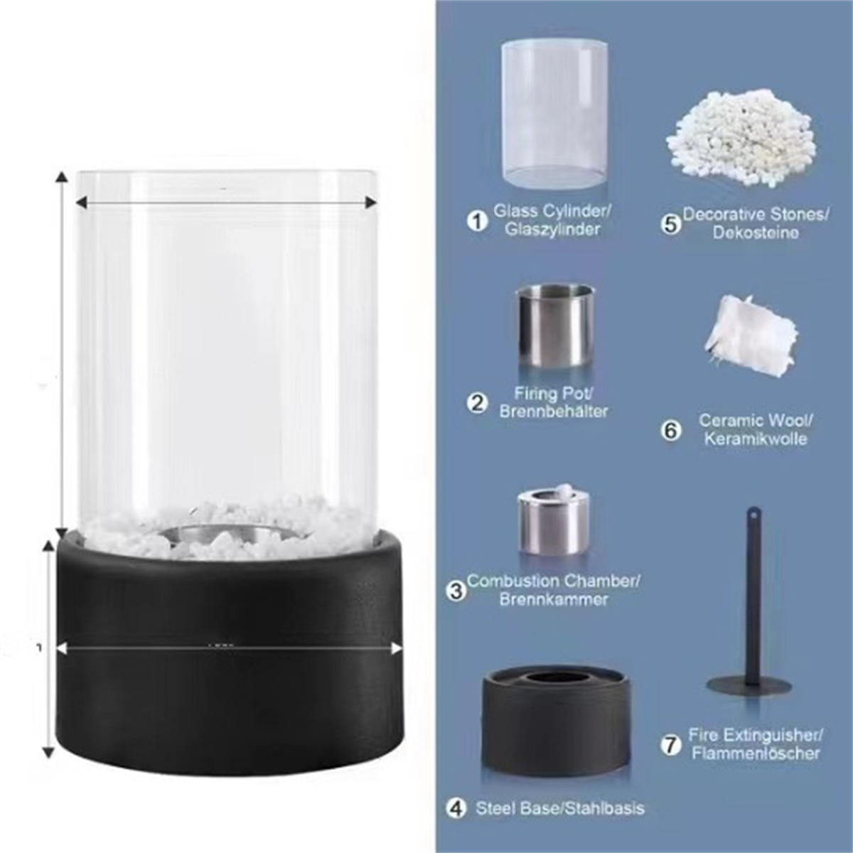 Ein montierter Glaszylinder mit weißen Steinen auf schwarzem Sockel, mit Diagrammen und Beschriftungen in Deutsch.