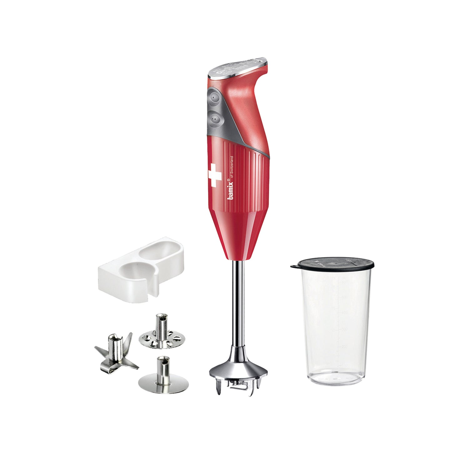 Frullatore a immersione rosso con accessori, lame e contenitore trasparente.