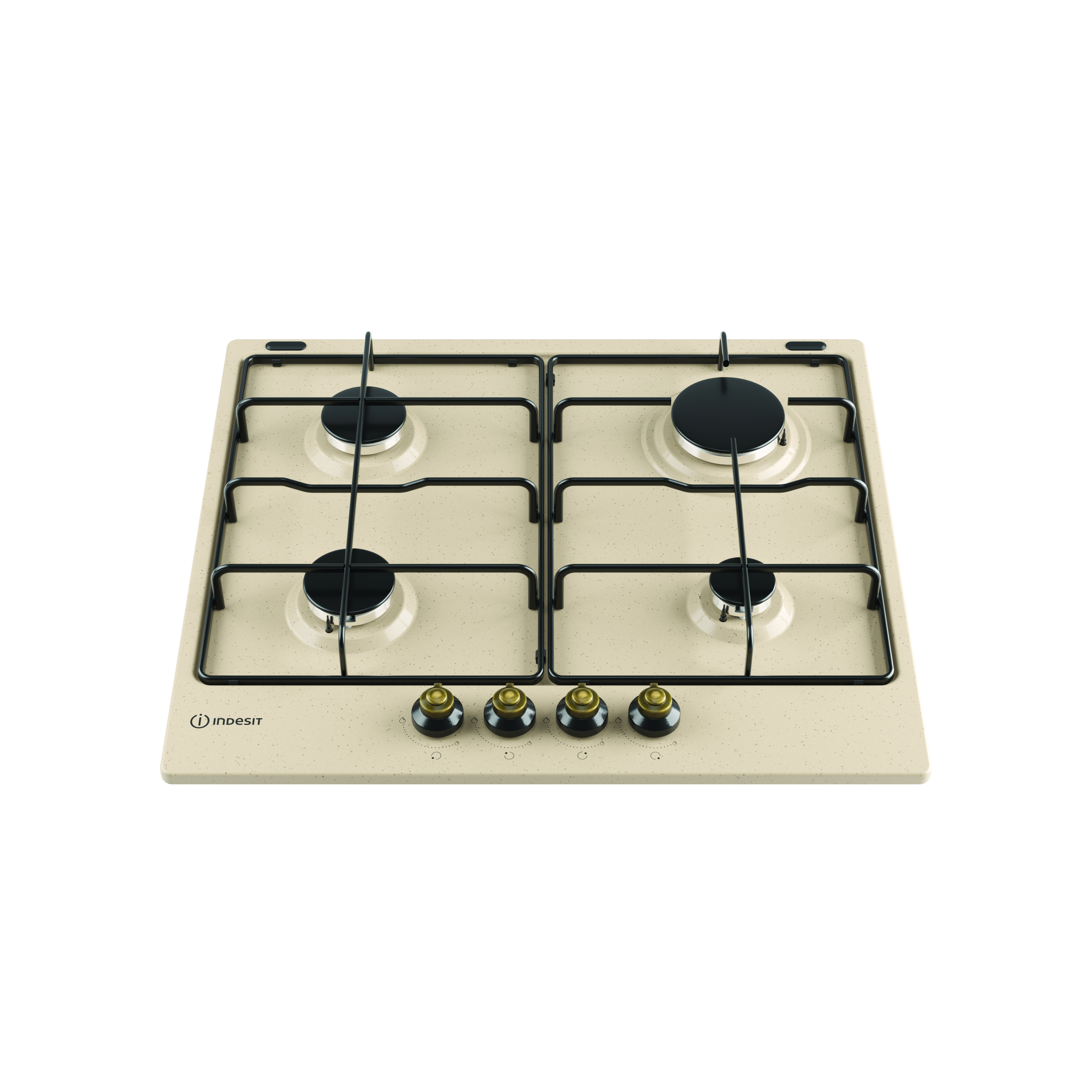 Kremowa płyta gazowa z czterema palnikami, czarnymi kratkami i pokrętłami. Białe tło.