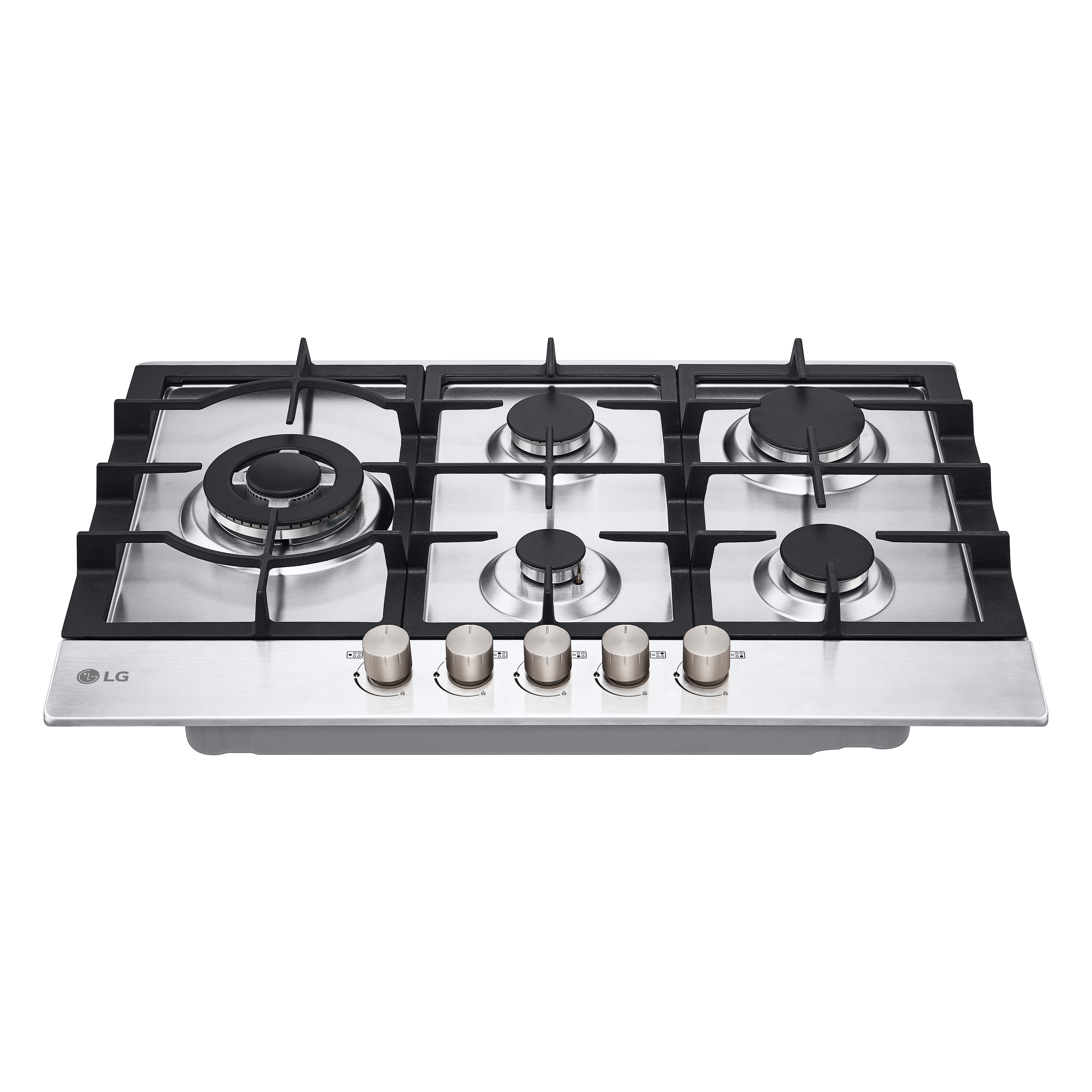 Srebrna płyta gazowa z pięcioma palnikami i pokrętłami, na białym tle.