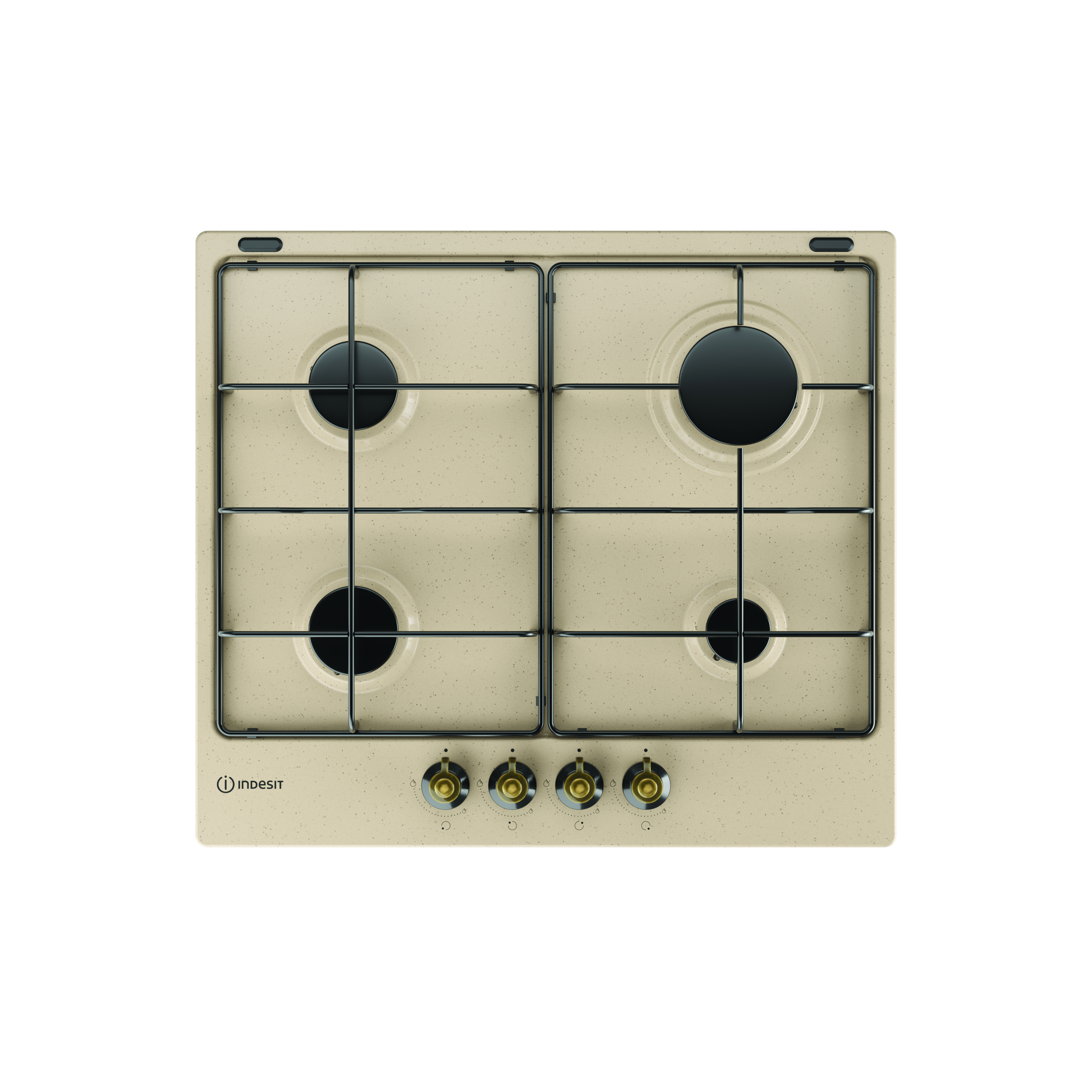 Widok z góry na beżową kuchenkę gazową Indesit z czterema palnikami.