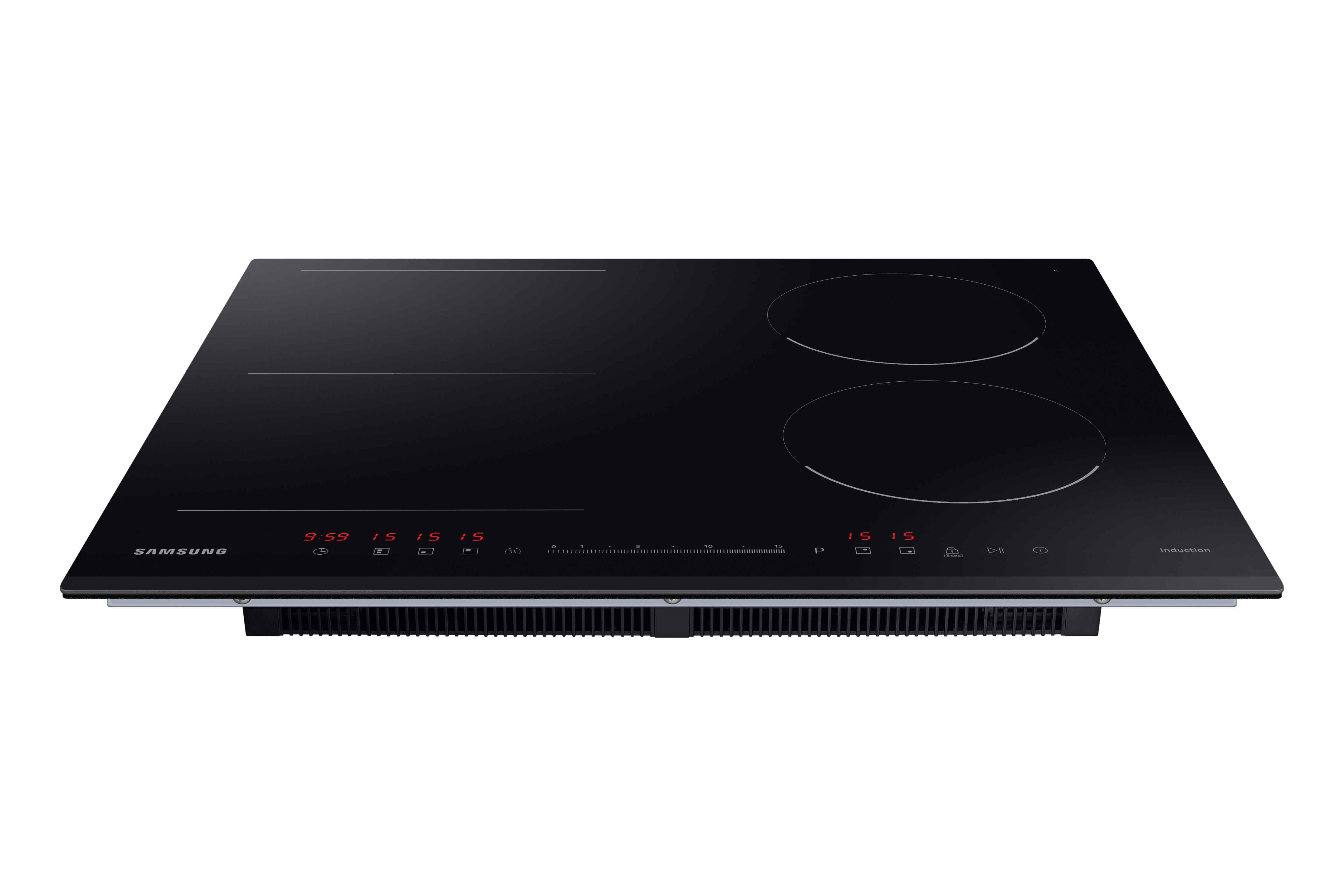 Czarna płyta indukcyjna Samsung, dwie strefy gotowania. Elegancki design. Białe tło.