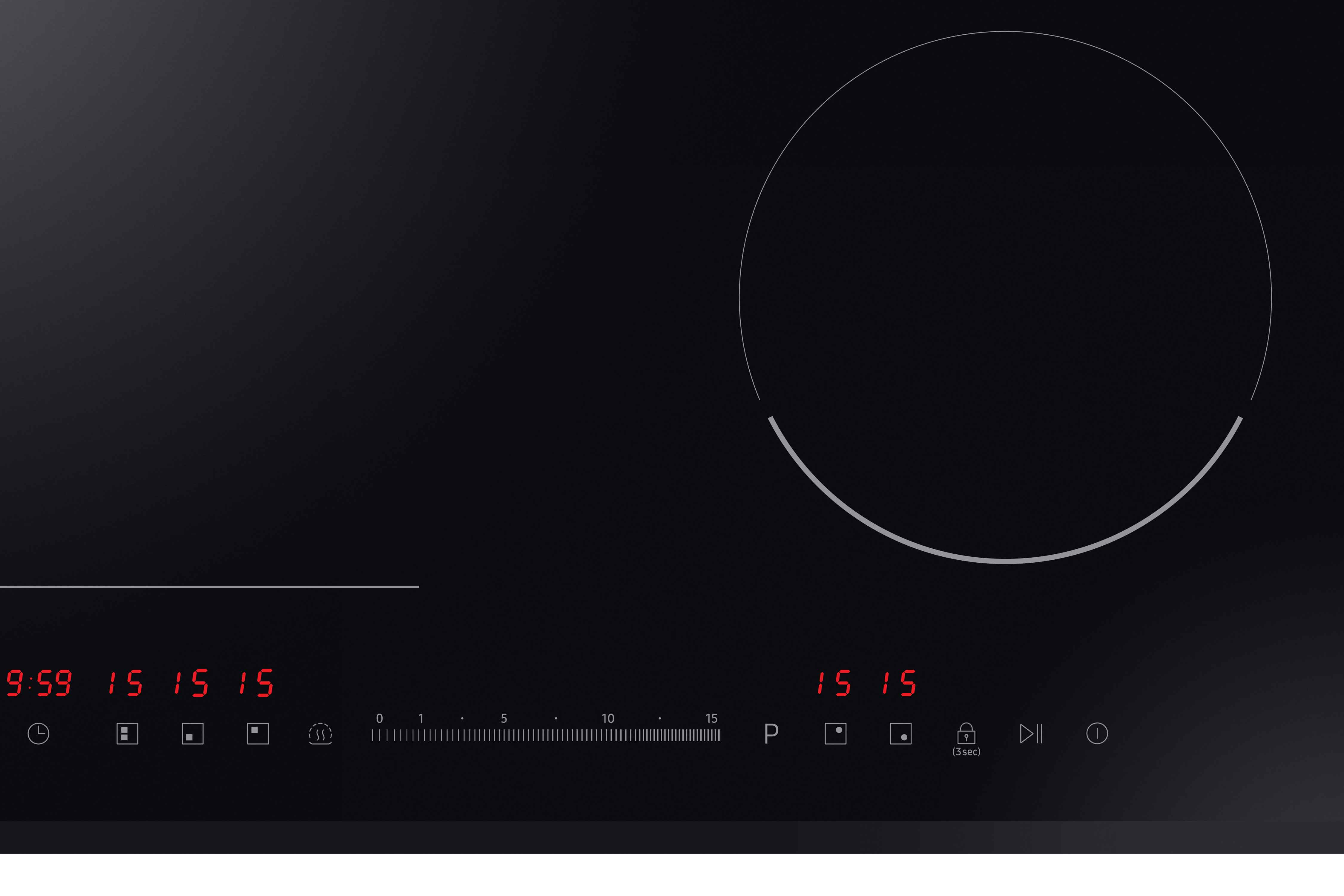 Czarna płyta indukcyjna. Ma dwie strefy gotowania, cyfrowe wyświetlacze i elementy sterowania dotykowego. Białe tło.