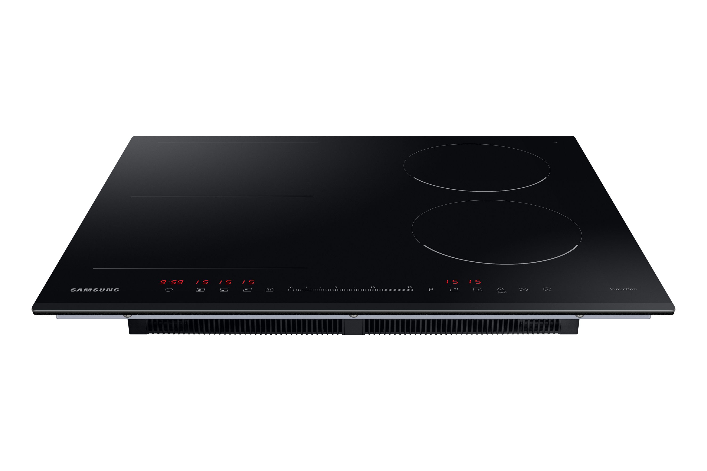 Czarna płyta indukcyjna Samsung. Dwa palniki świecą, czerwony wyświetlacz pokazuje czas.