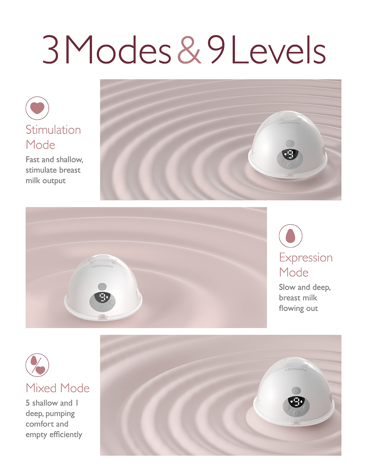 Three breast pump images with modes: stimulation, expression, and mixed. Pink background.