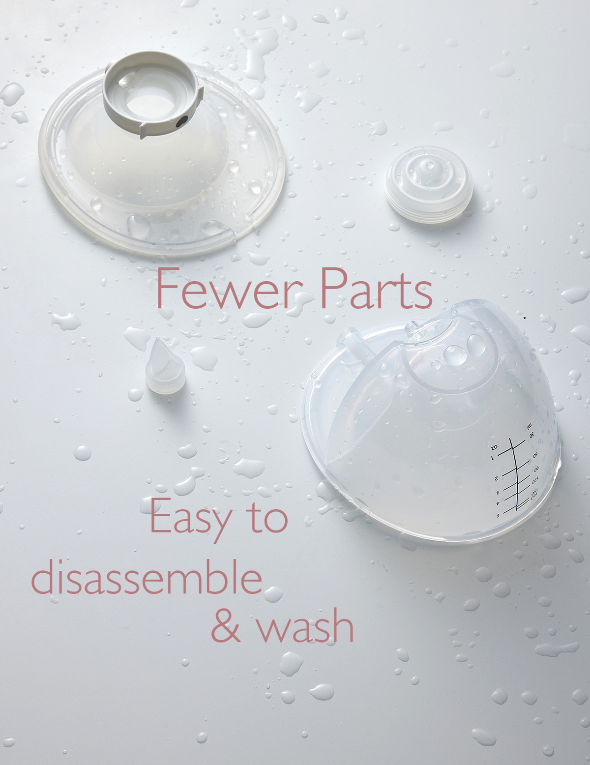 Breast pump parts, white, with text 'Fewer Parts' and 'Easy to disassemble & wash'.