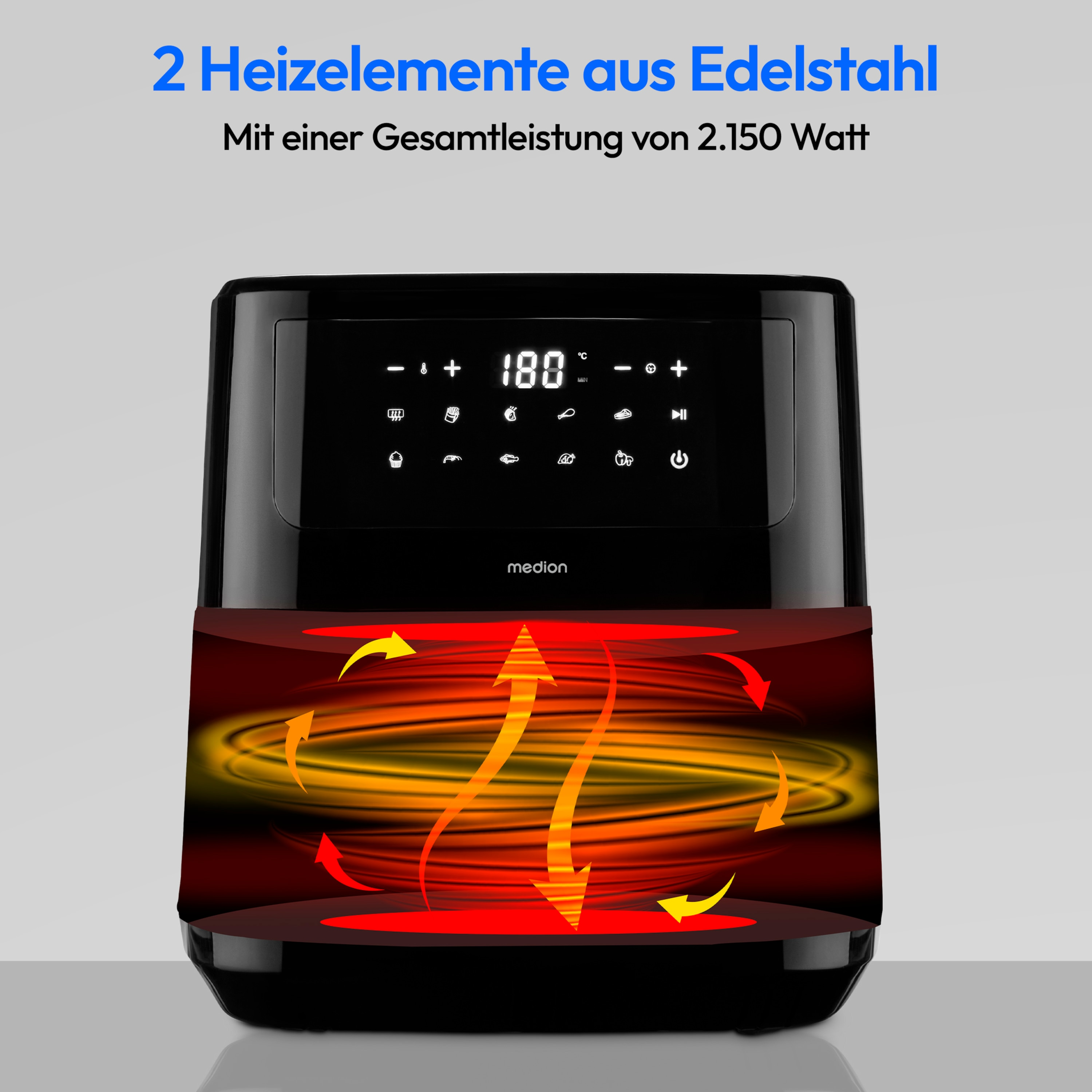 Czarna frytkownica powietrzna z czerwonymi strzałkami pokazującymi przepływ ciepła. Tekst podkreśla elementy ze stali nierdzewnej.