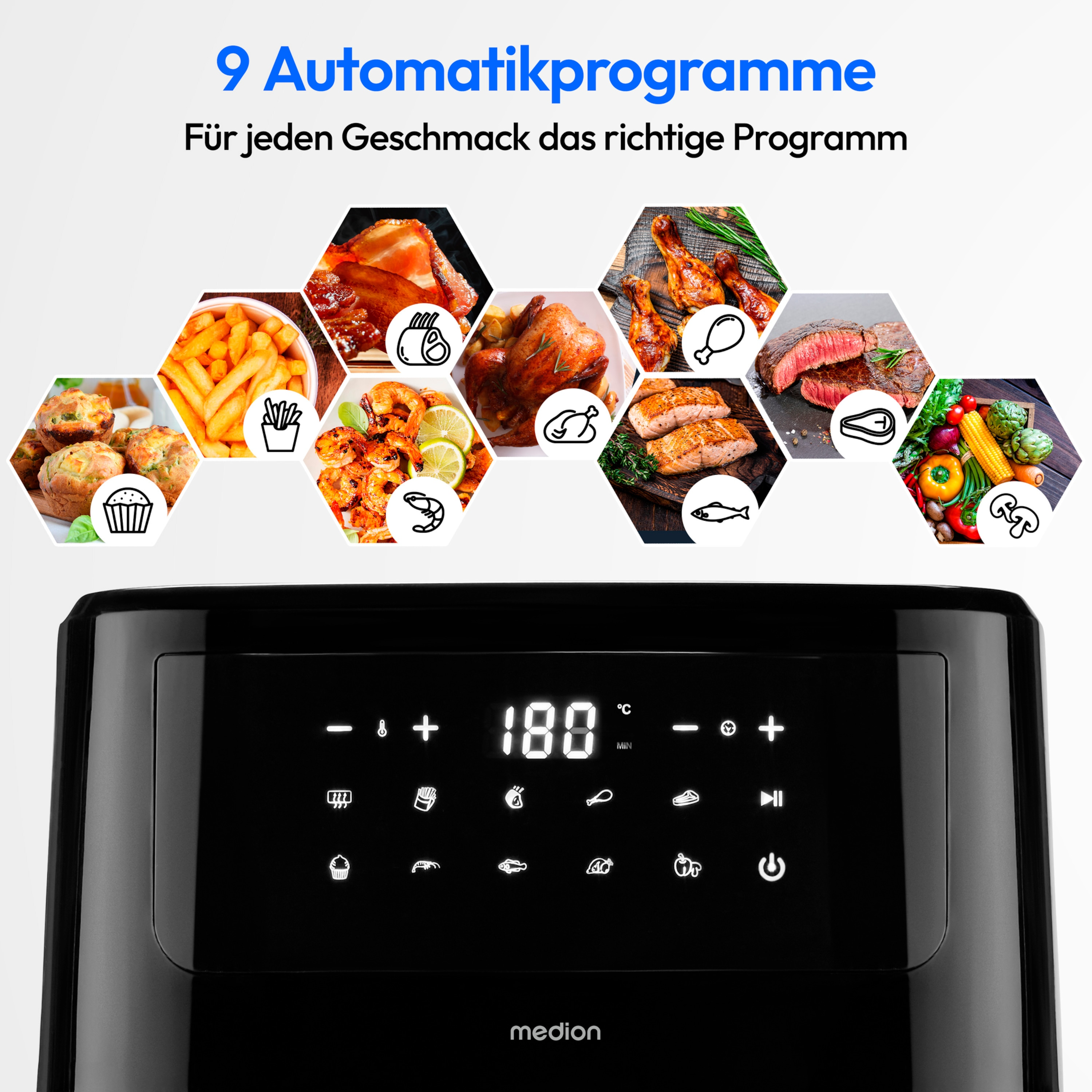 Panel sterowania frytkownicy beztłuszczowej z ikonami jedzenia i tekstem '9 programów automatycznych'. Czarny.