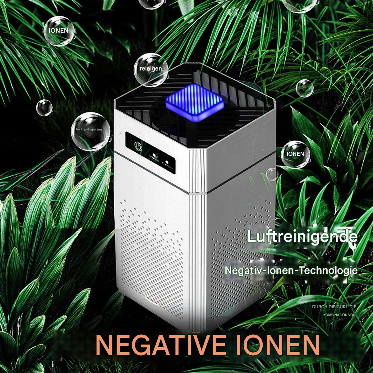 Ein silberner und weißer Luftreiniger mit Negativ-Ionen-Technologie, umgeben von Blättern und Blasen.