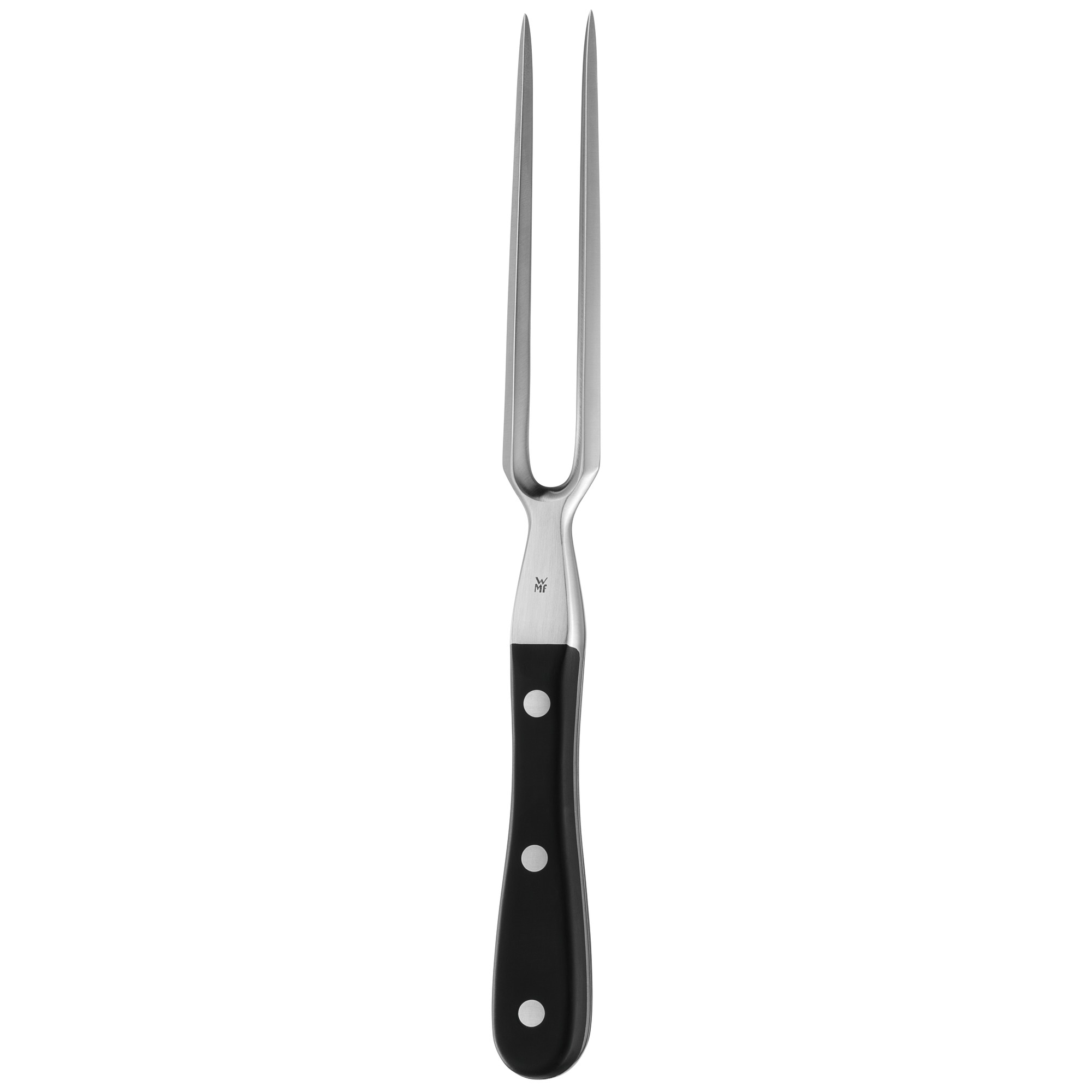 Eine silberne Fleischgabel mit zwei Zinken und einem schwarzen Griff mit drei Nieten auf weißem Grund.