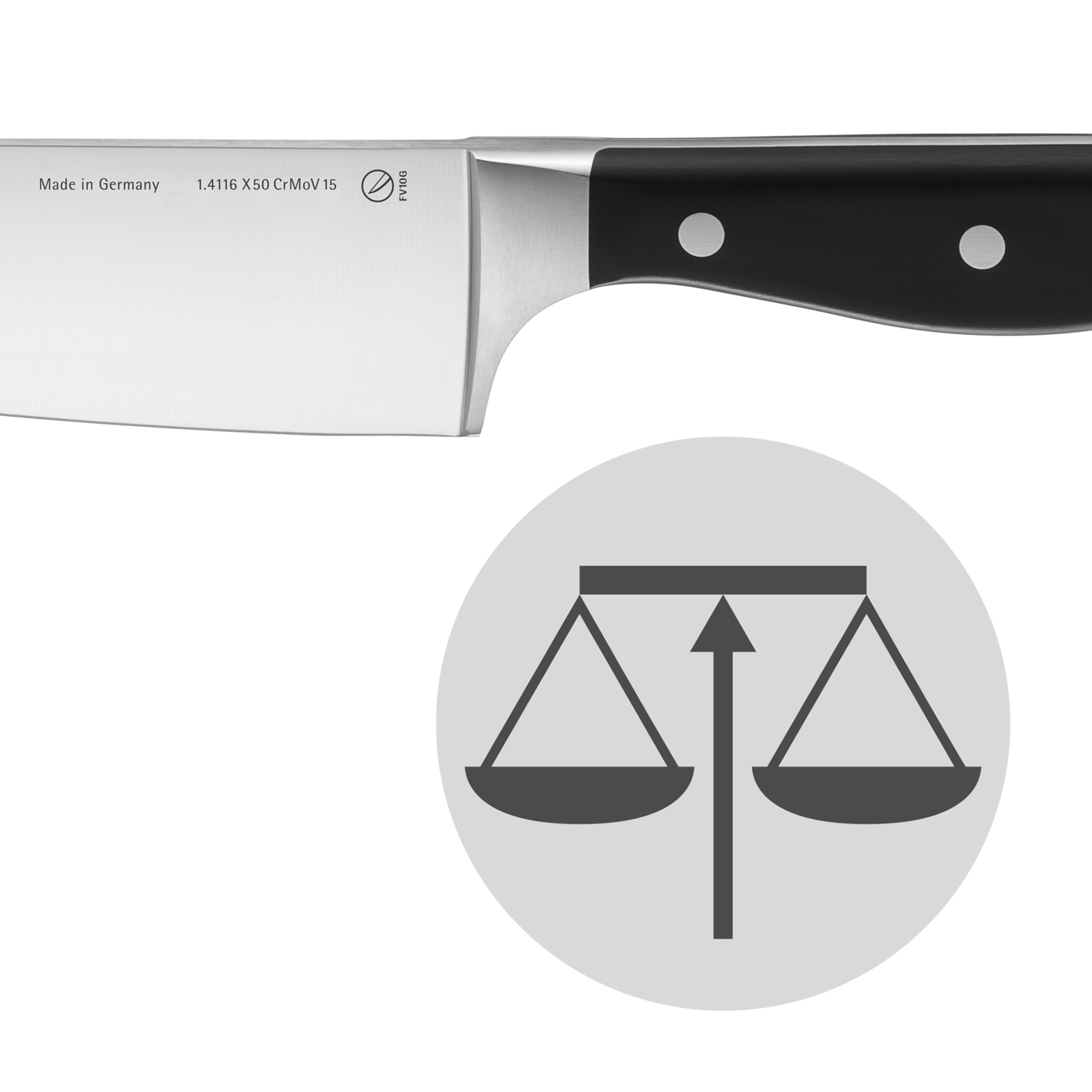 Ein Messer mit schwarzem Griff und silberner Klinge neben einem Waagen-Symbol auf weißem Hintergrund.