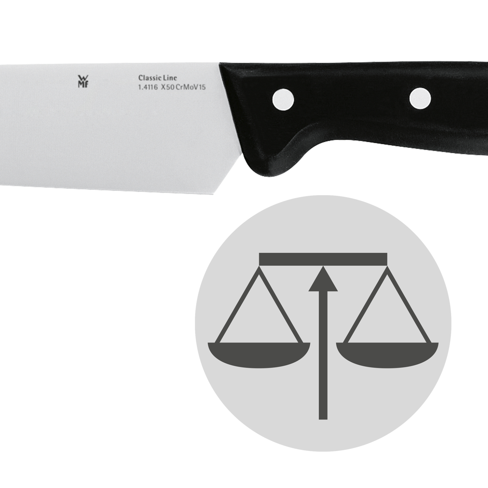 Ein Messer mit schwarzem Griff und silberner Klinge. Es gibt ein Waagensymbol und den Text 'Classic Line'.