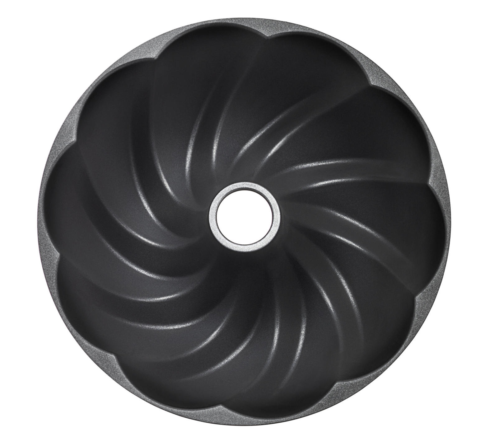 Czarna forma do babki, okrągła z pofalowanym wzorem w środku.