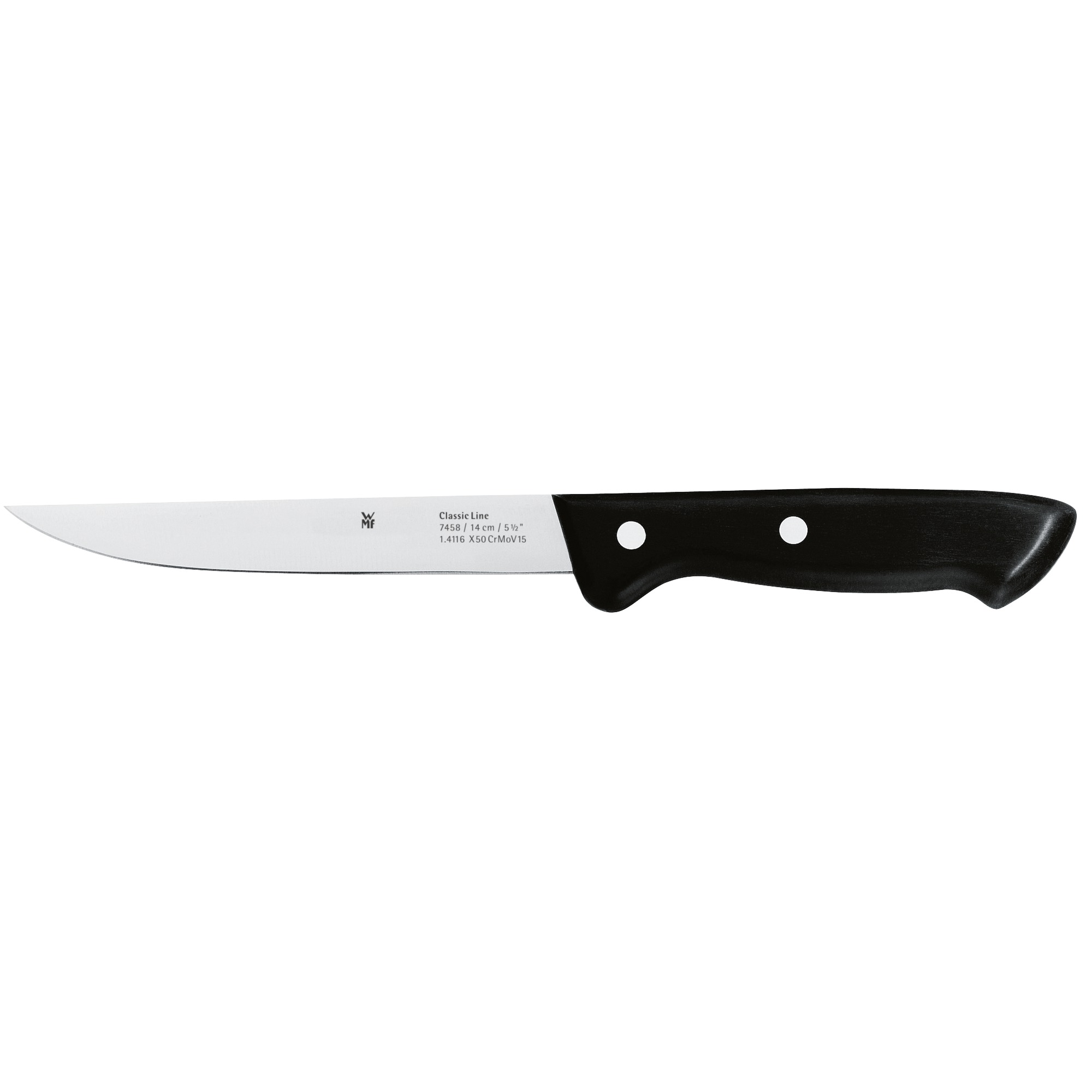 Ein WMF Classic Line Küchenmesser, schwarzer Griff, silberne Klinge, auf weißem Hintergrund.