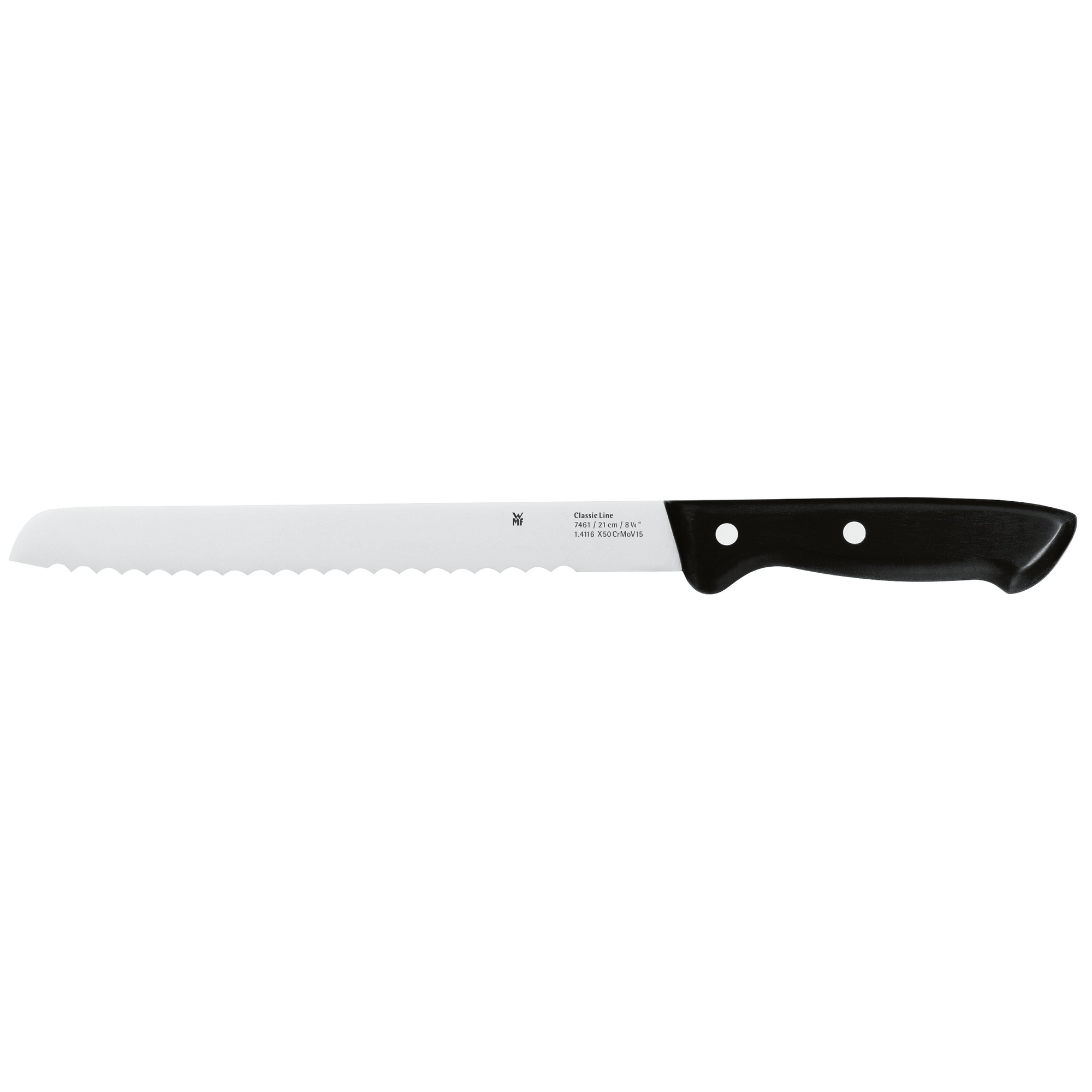 Brotschneidemesser mit schwarzem Griff und gezahnter Klinge. Weißer Hintergrund.