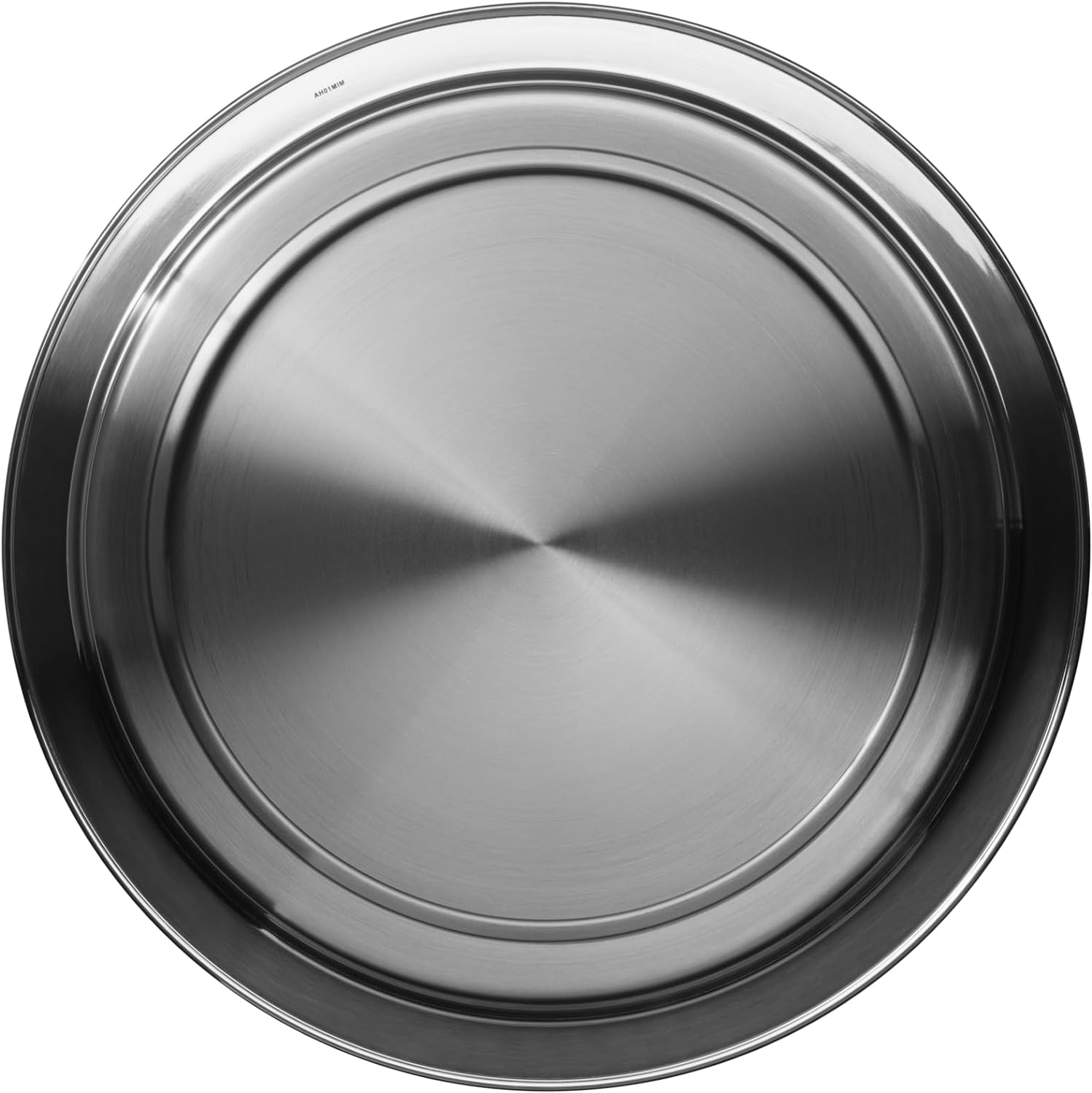 Ein Edelstahl-Tablett mit konzentrischem Kreisdesign. Die Oberfläche ist reflektierend und metallisch.