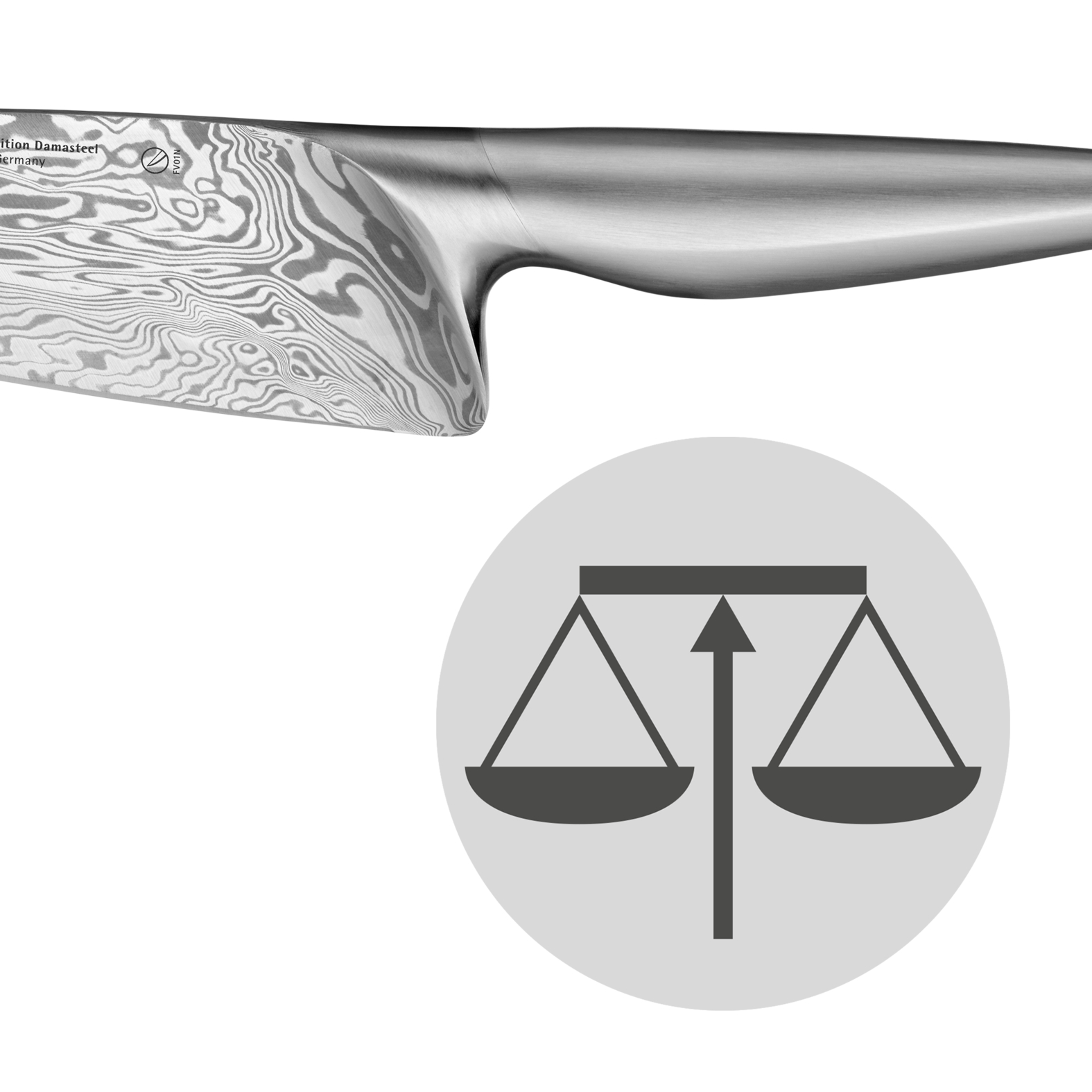 Ein Messer mit einer silbernen Klinge mit Muster. Neben dem Messer befindet sich ein Waagensymbol.