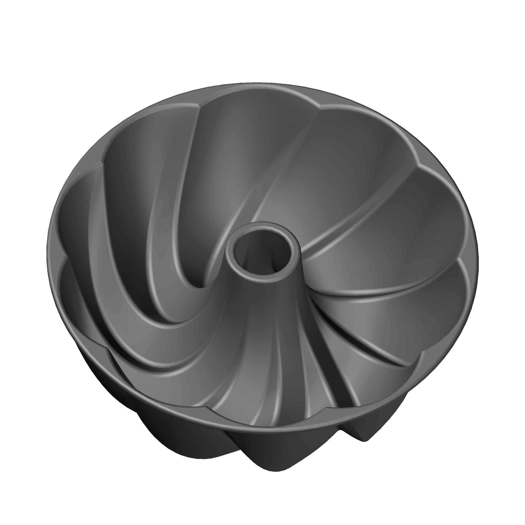 Szara, okrągła forma do babki z centralną rurką i żłobkowanymi bokami, na białym tle.