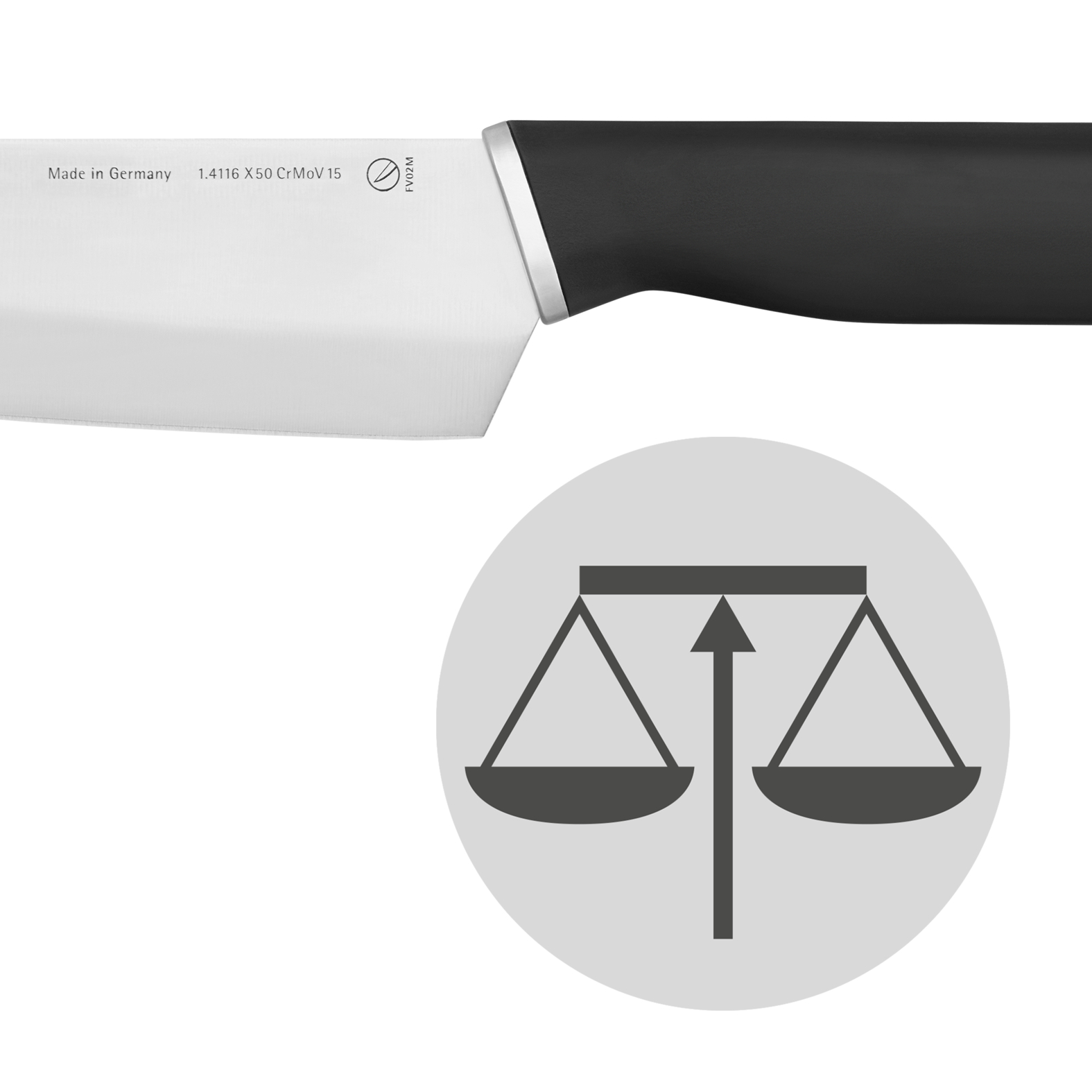 Messerklinge mit Text und Logo. Eine Waage-Symbol auf grauem Hintergrund.