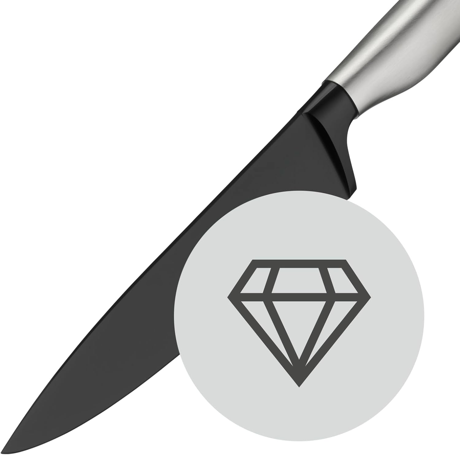 Ein schwarzes Messer mit silbernem Griff. Ein Diamant-Symbol befindet sich auf dem weißen Kreis.
