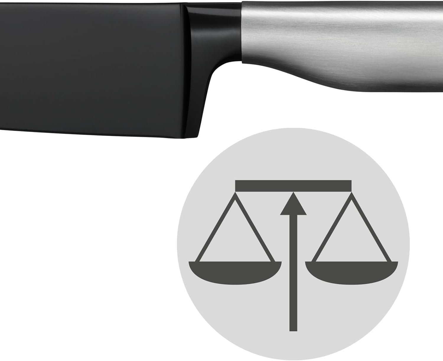 Schwarzes Messer mit silberner Klinge. Rechts ein Waagensymbol.