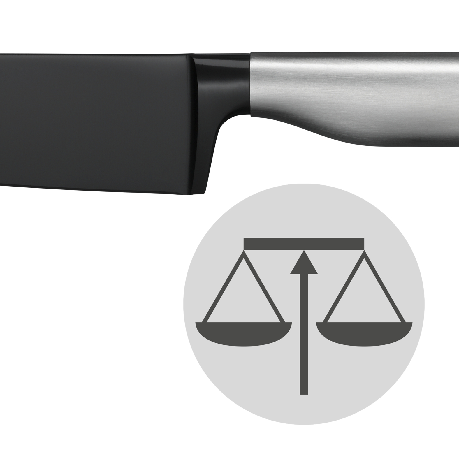 Ein Messer mit schwarzem Griff und silberner Klinge, neben einem grauen Kreis mit Waagensymbol.