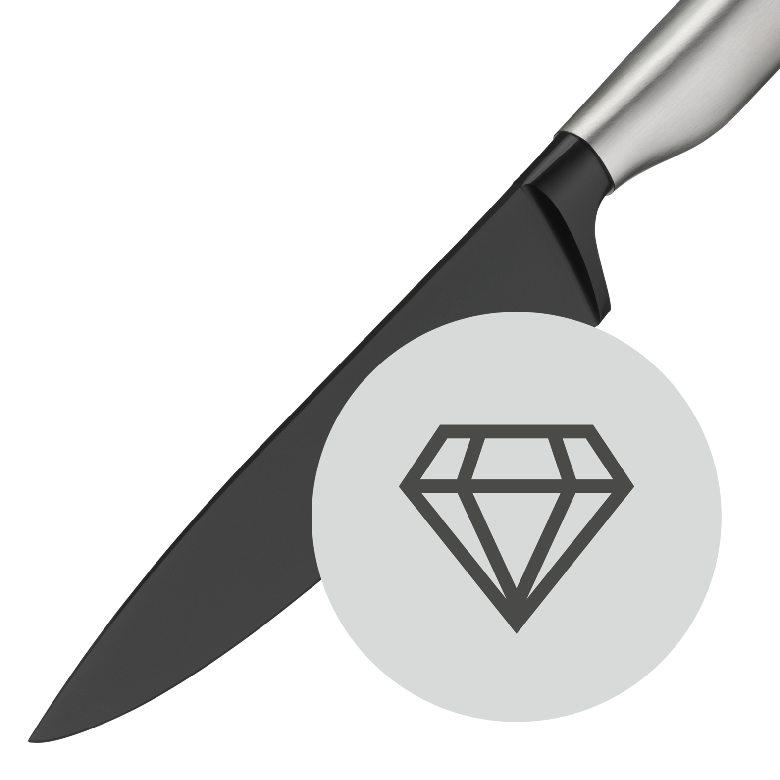 Ein schwarzes Messer mit silbernem Griff, mit einem Diamanten-Symbol auf einem grauen Kreis neben der Klinge.
