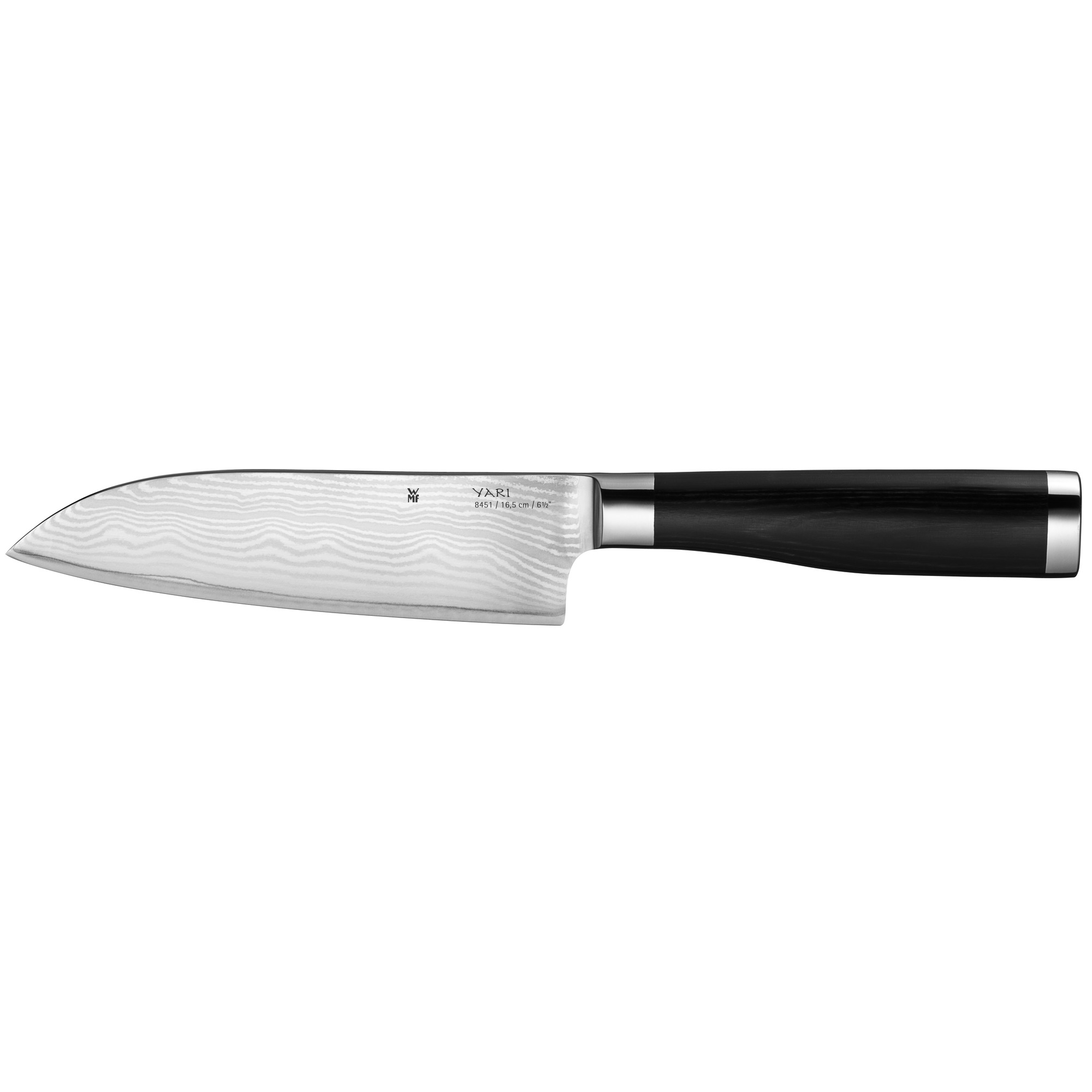 Coltello da chef con manico nero e lama a motivo ondulato.
