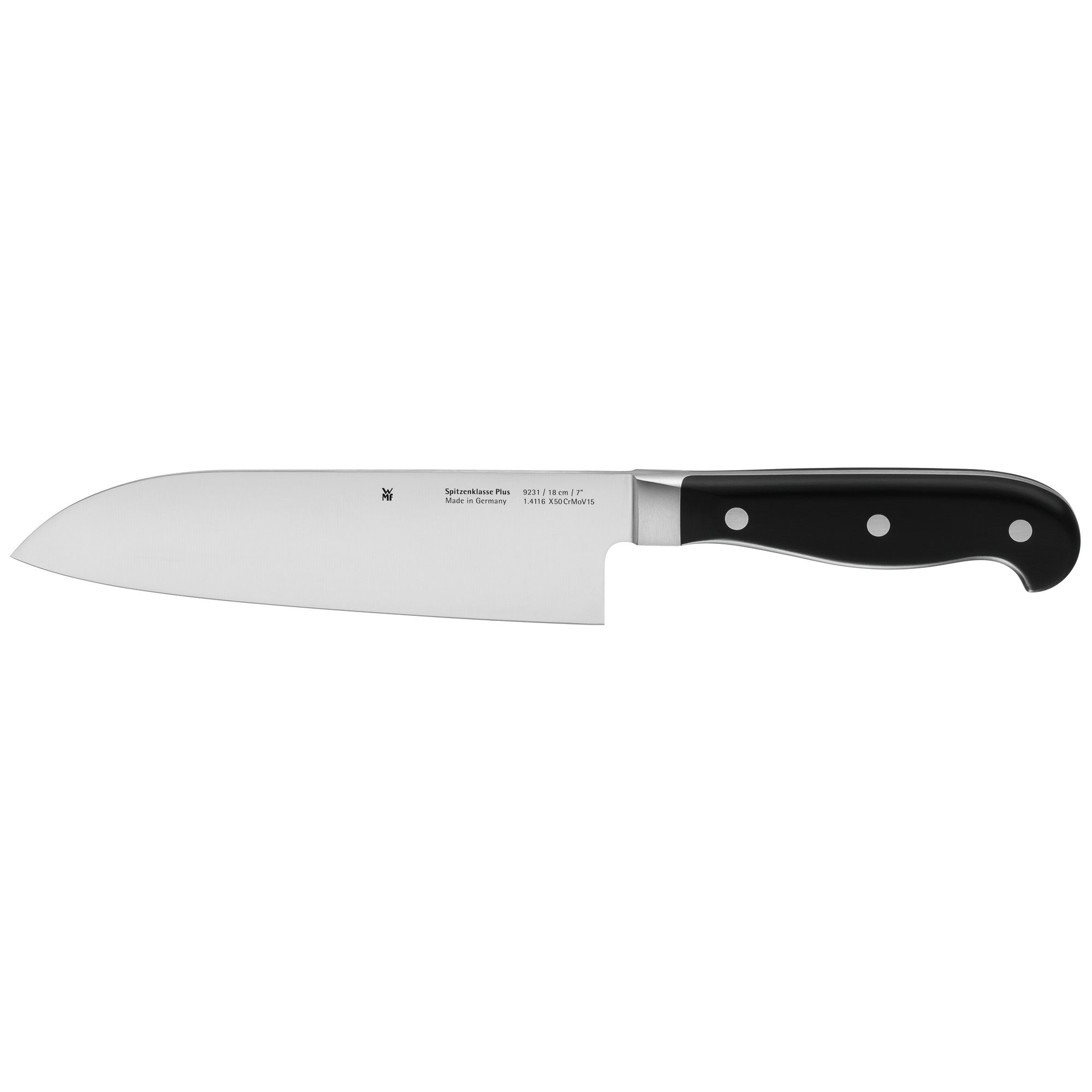 Kochmesser auf weißer Oberfläche. Schwarzer Griff mit silbernen Nieten. Glänzende Klinge.