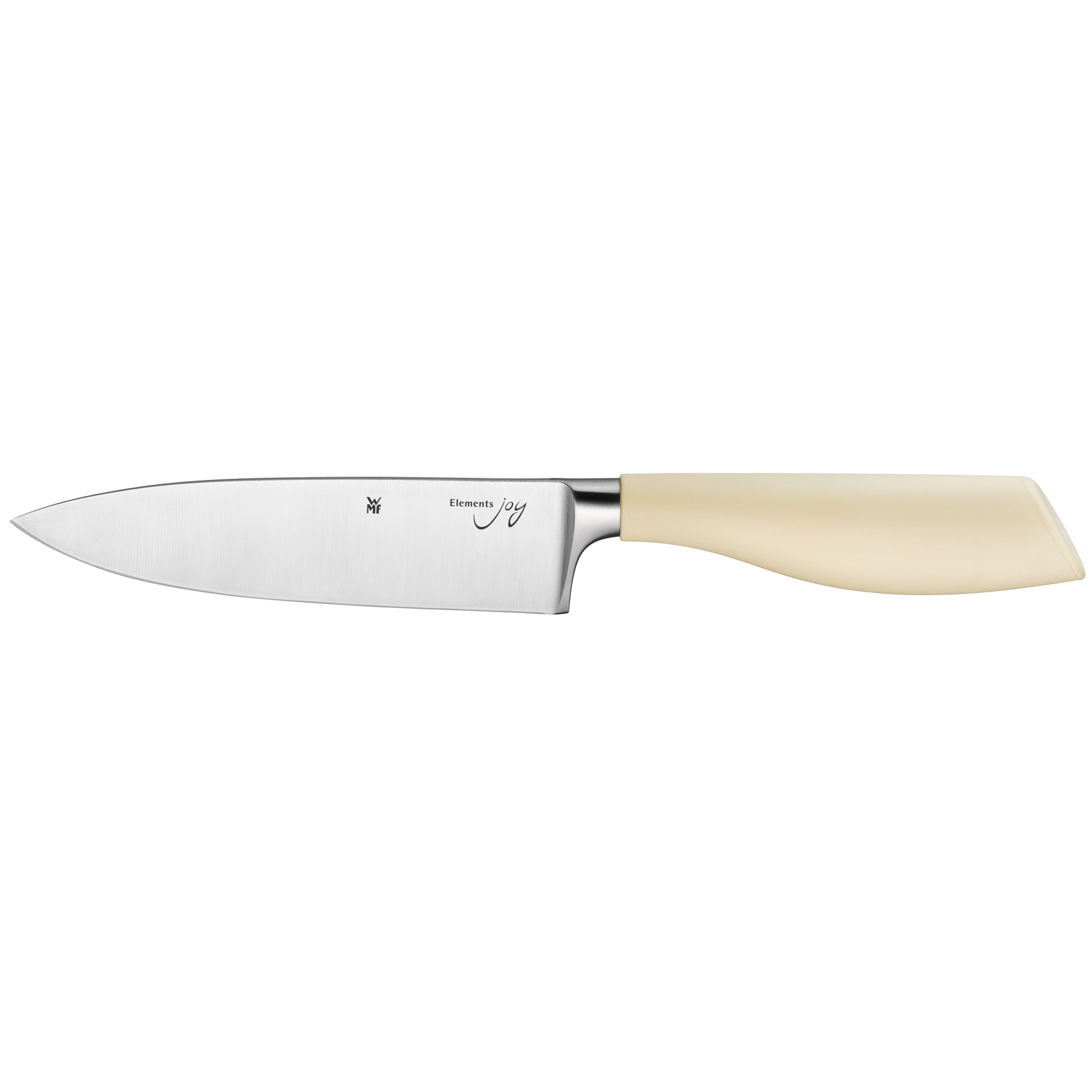 Ein Küchenmesser mit silberner Klinge und cremeweißem Griff, mit dem Wort Joy auf der Klinge.