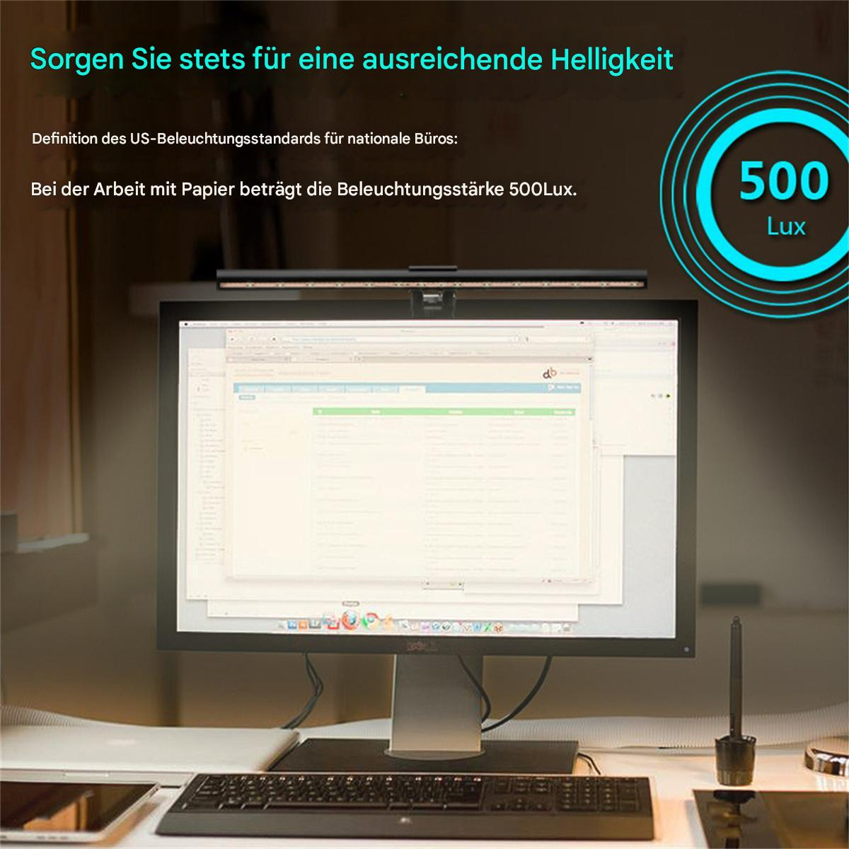 Monitor mit Lichtleiste oben, zeigt einen Bildschirm mit Text. 500 Lux Text angezeigt.