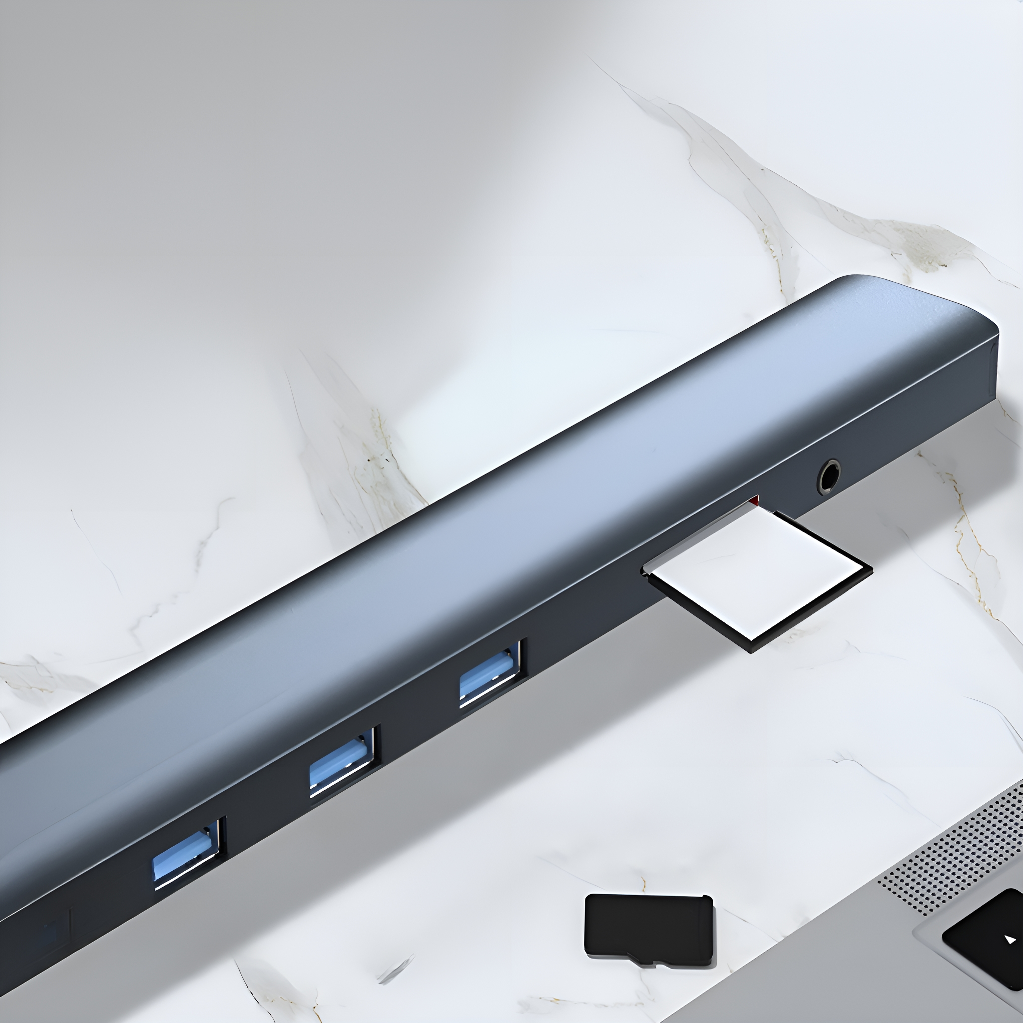 Ein silberner USB-Hub mit Kartenleser. Der Hub hat mehrere Anschlüsse. Es gibt einen Laptop im Bild.