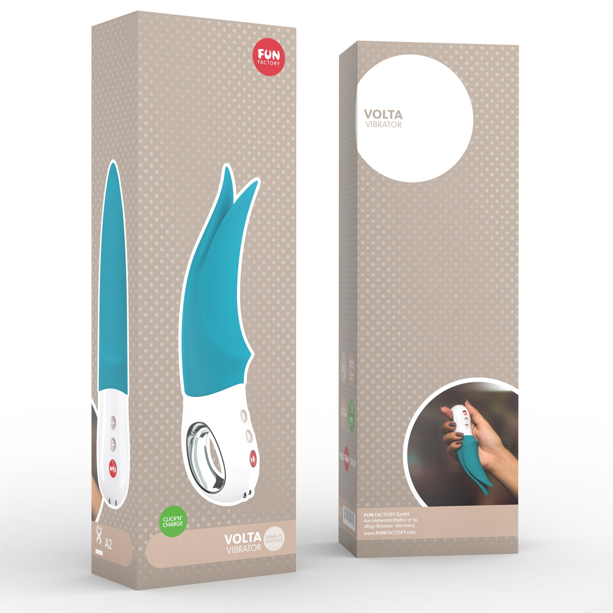 Pudełko z ilustracją turkusowo-białego wibratora. Tekst brzmi VOLTA VIBRATOR. Widok z boku pokazuje produkt.