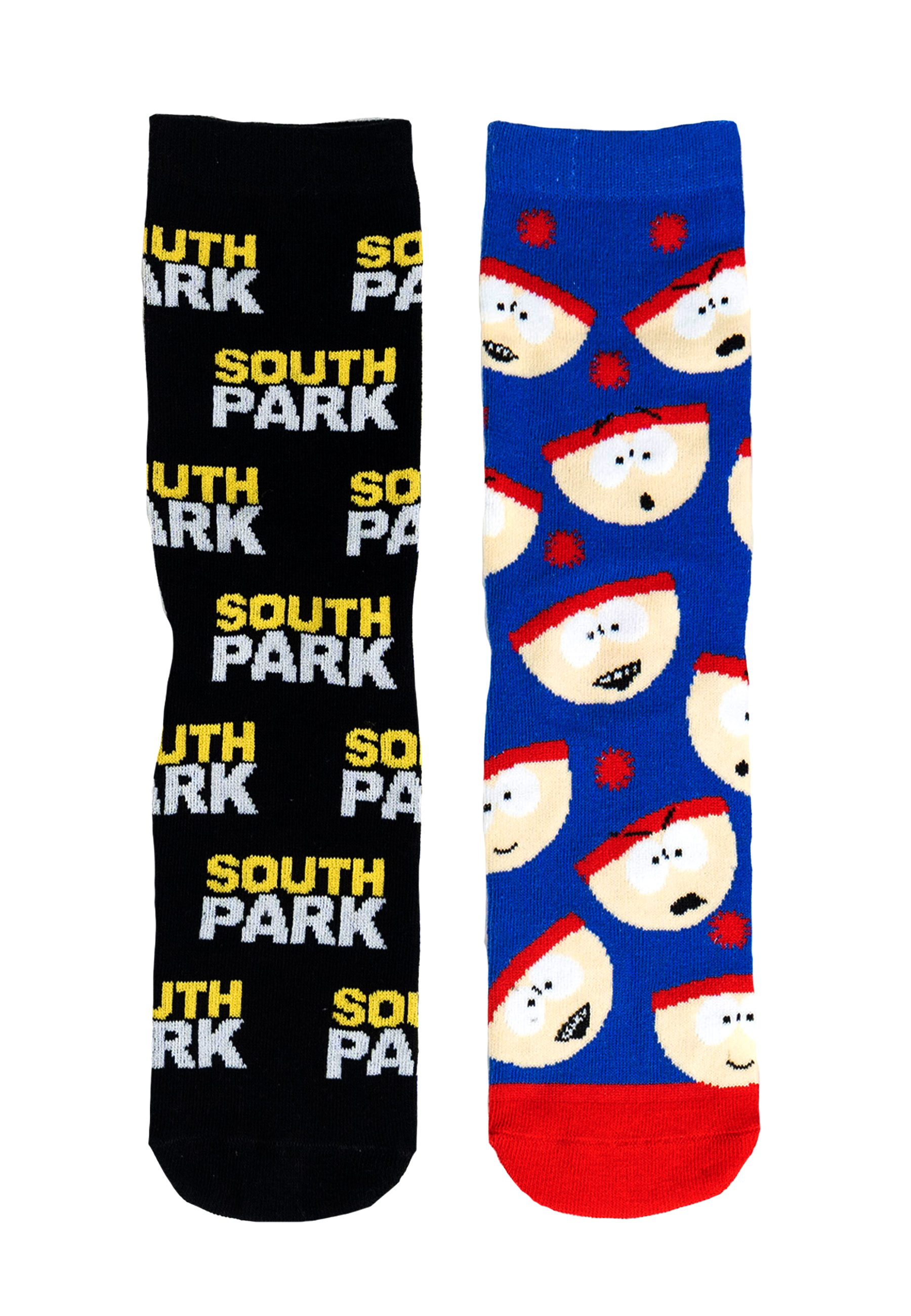 Zwei lange Socken, eine schwarze mit gelbem 'South Park', die andere blaue mit South Park-Gesichtern.