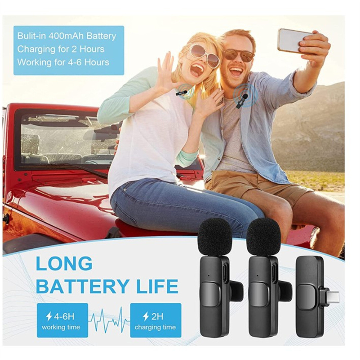Zwei Personen machen ein Selfie mit Mikrofonen und Ladegerät, Text über die Akkulaufzeit.