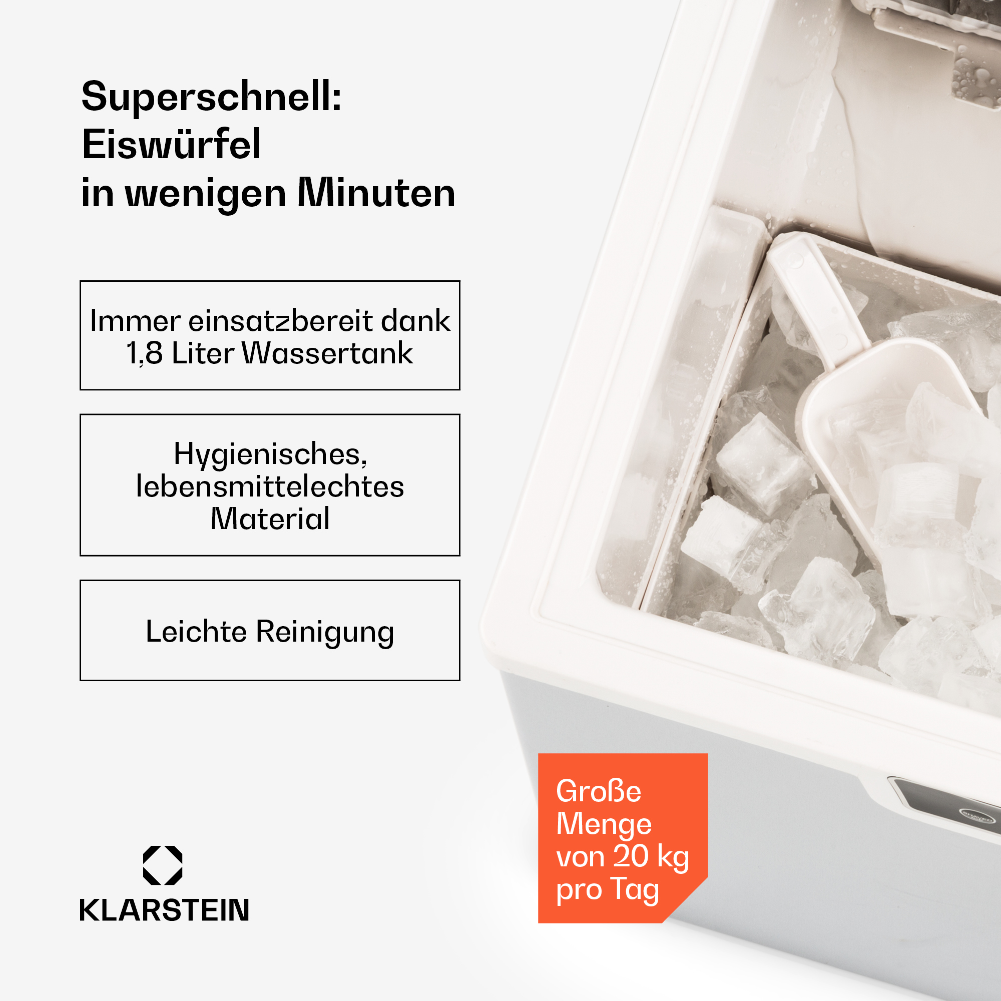 Eismaschine mit Text zur Eisproduktion. Eiswürfel und eine Schaufel sind im Inneren.