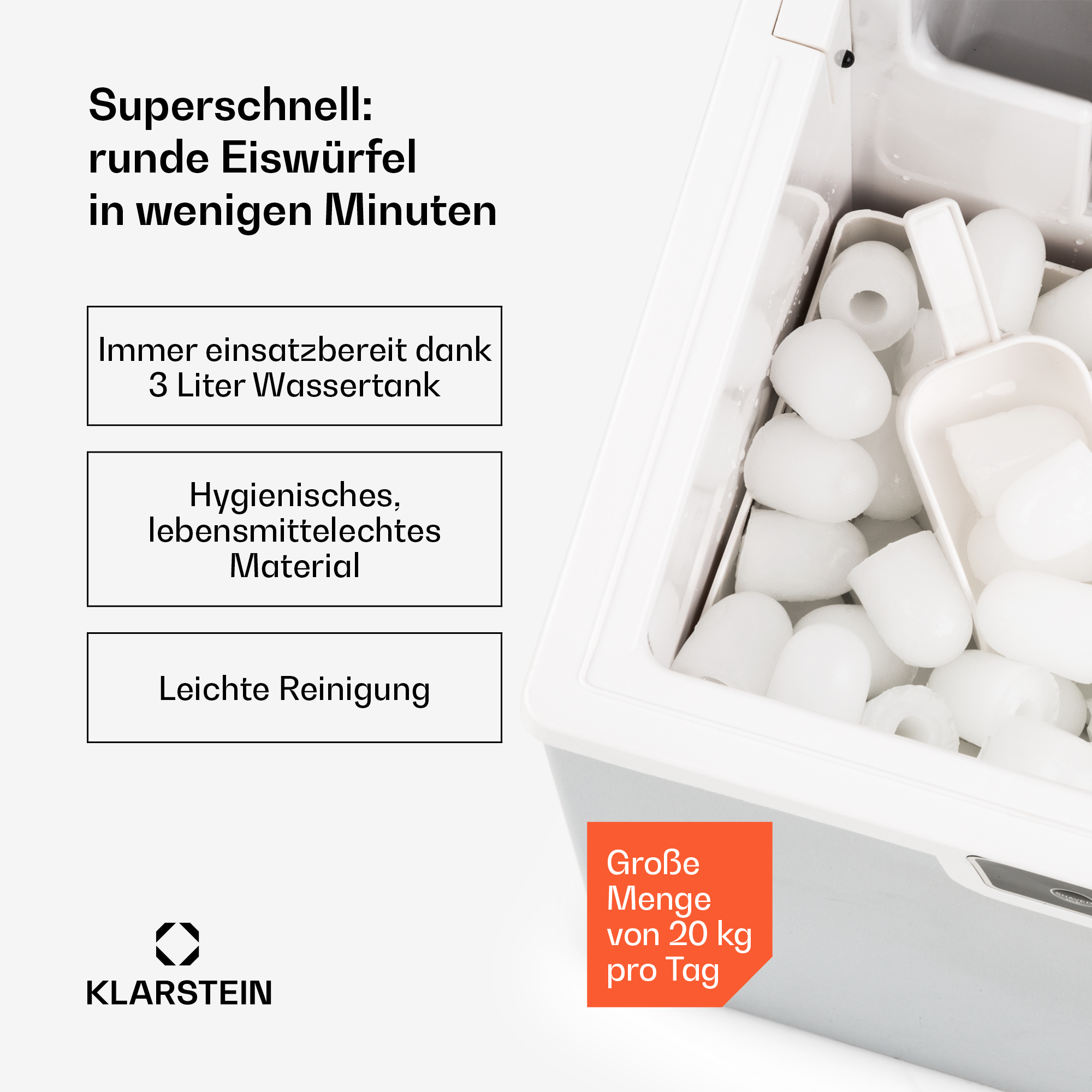 Eisbereiter mit Eiswürfeln, weißem Innenraum und Text auf weißem und orangefarbenem Hintergrund.