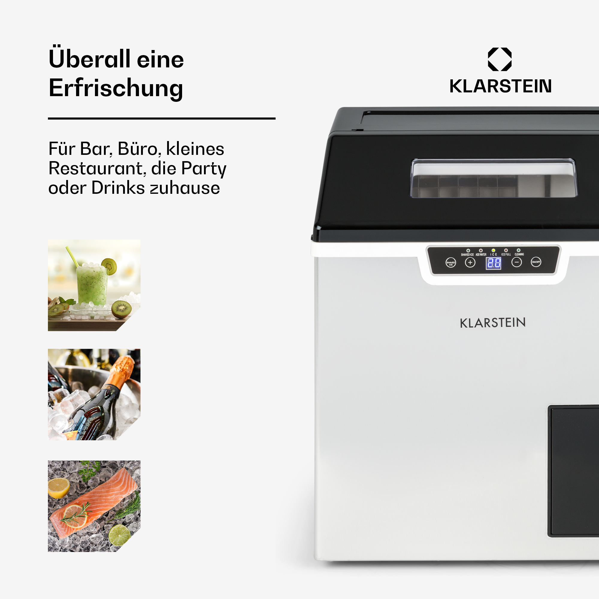 Ein Eisbereiter mit einem Getränk, Essen und einer Weinflasche.