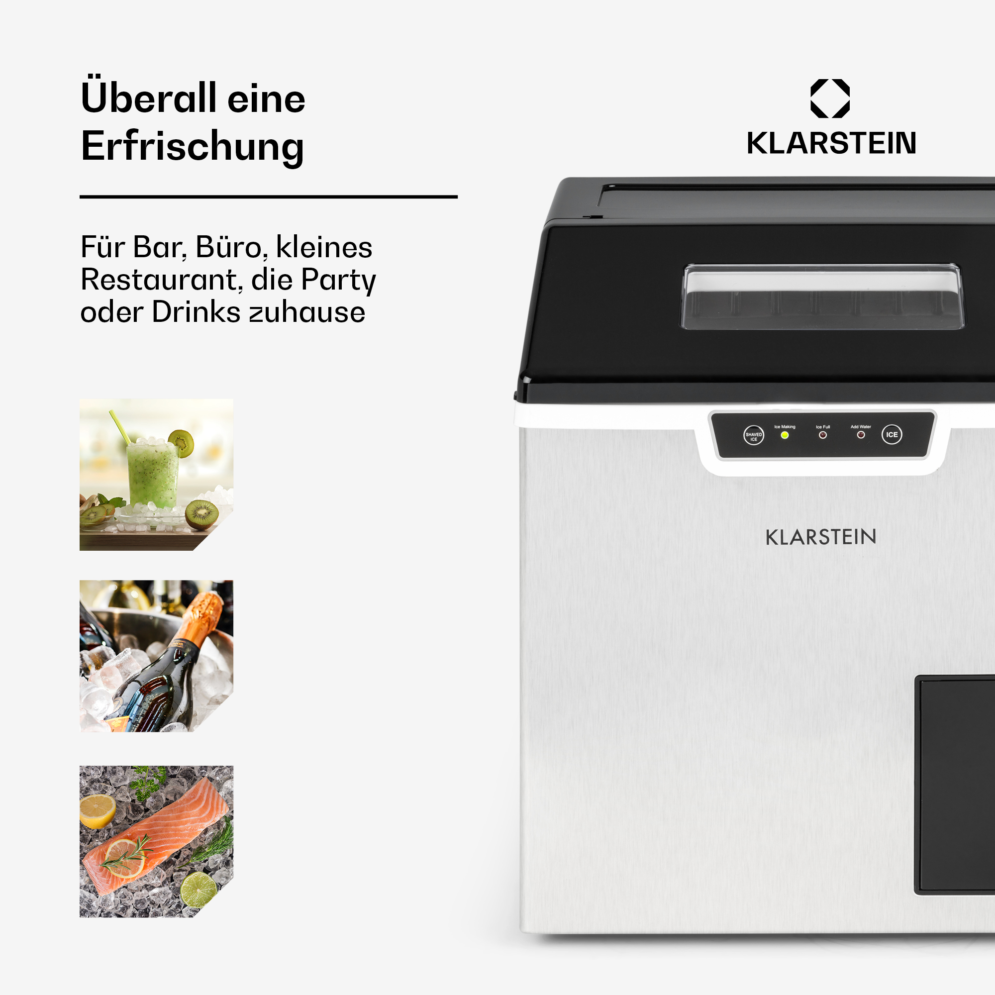 Eisbereiter mit Text und Bildern. Es ist weiß mit schwarzem Deckel. Ein Getränk, Champagner und Lachs sind abgebildet.