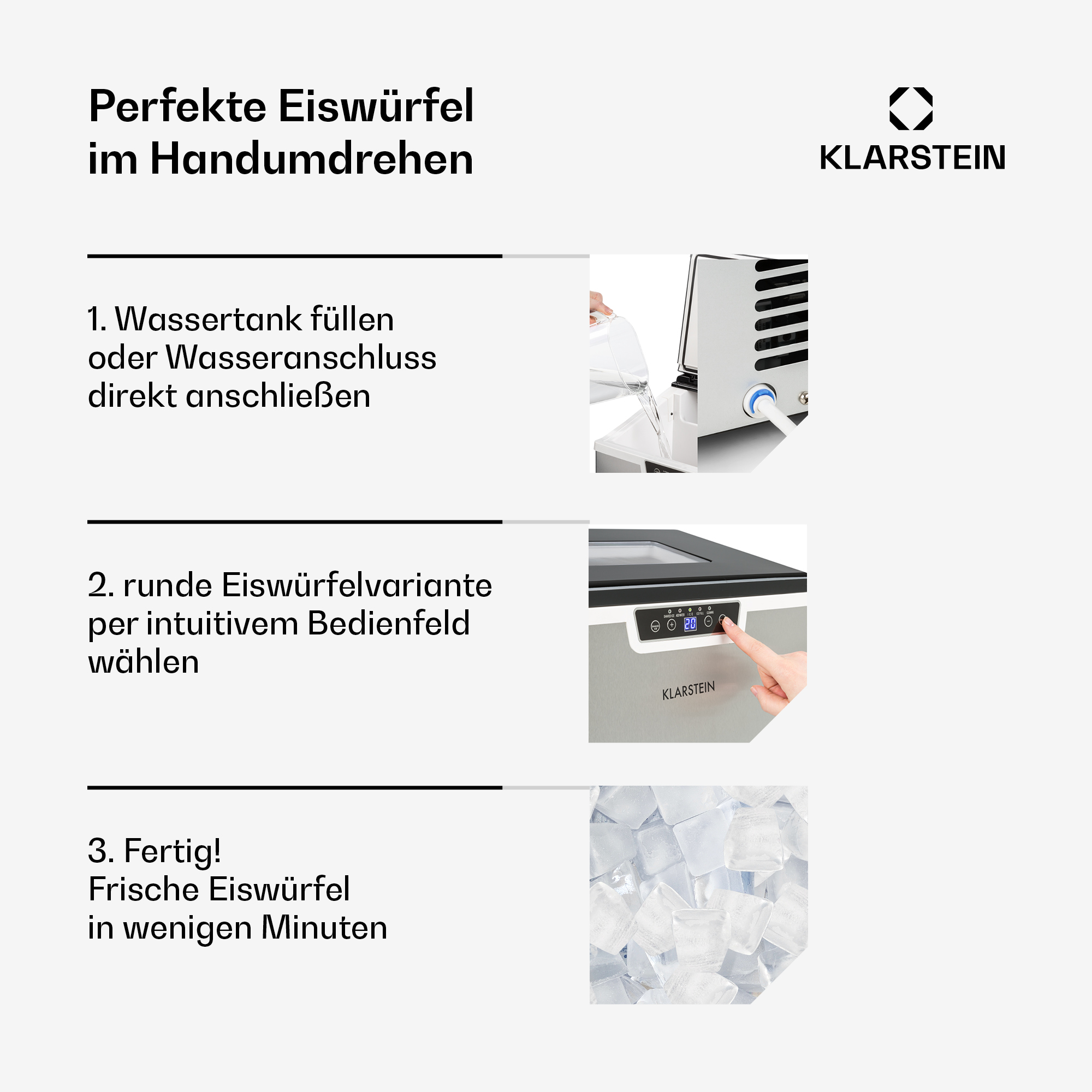 Anweisungen zur Herstellung von Eiswürfeln. Es zeigt die Schritte mit Bildern und Text.